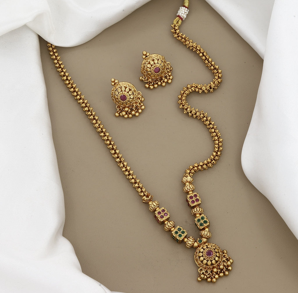 Traditional Gold-Plated Stone-Studded Long Mala Set