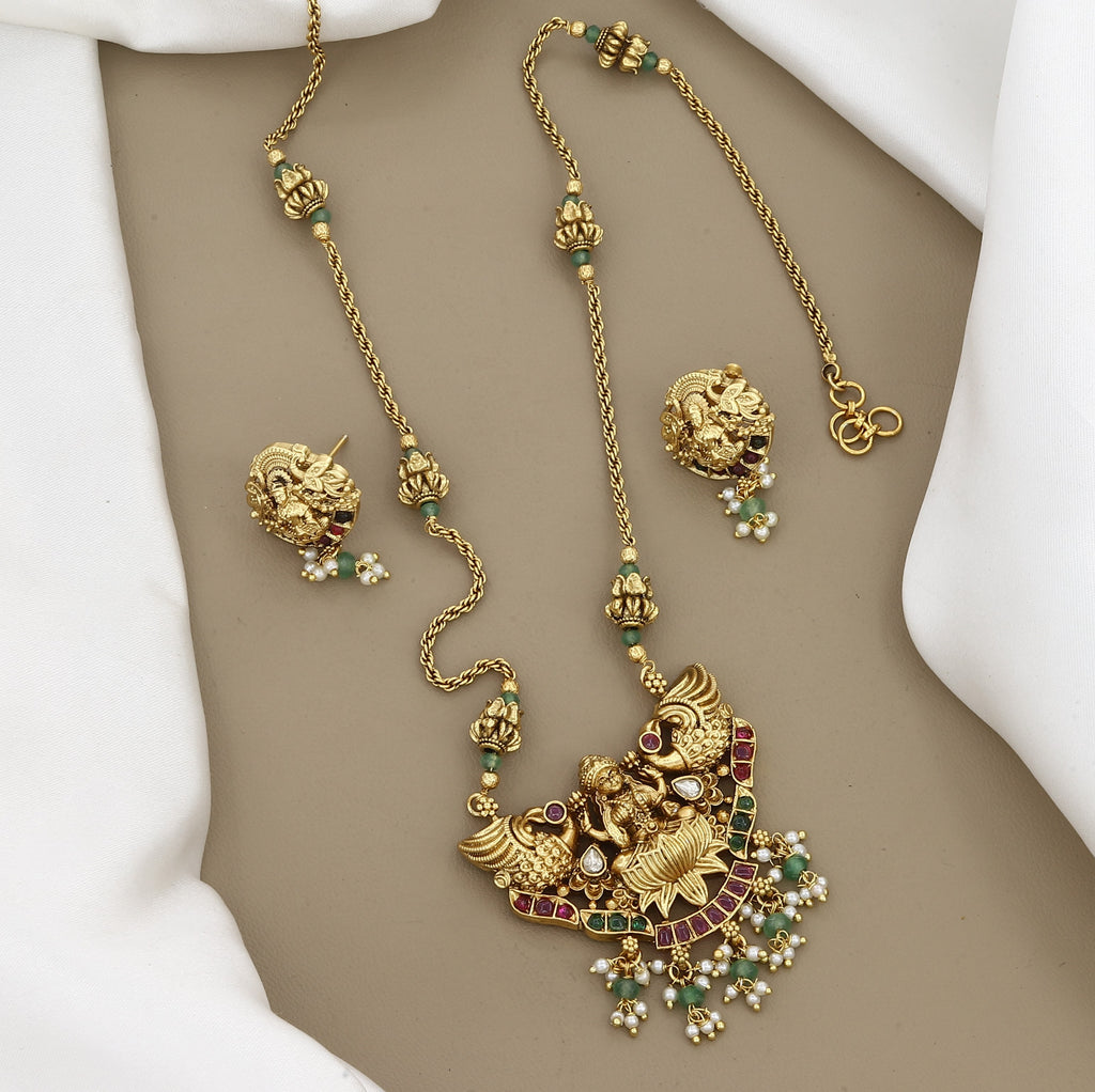 Traditional Gold-Plated Lakshmi & Peacock Temple Necklace Set