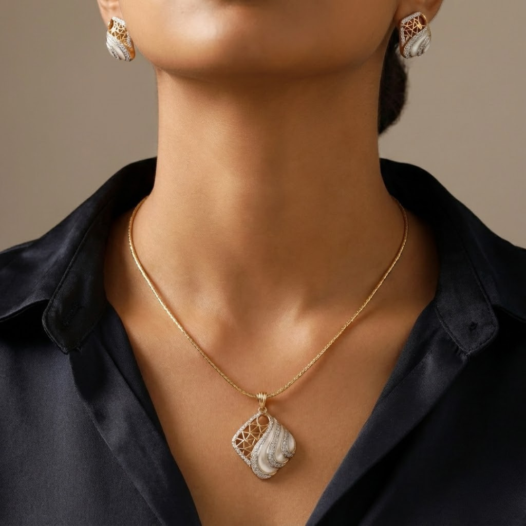 Contemporary Gold Geometric Pendant Set with White Inlay & Stones