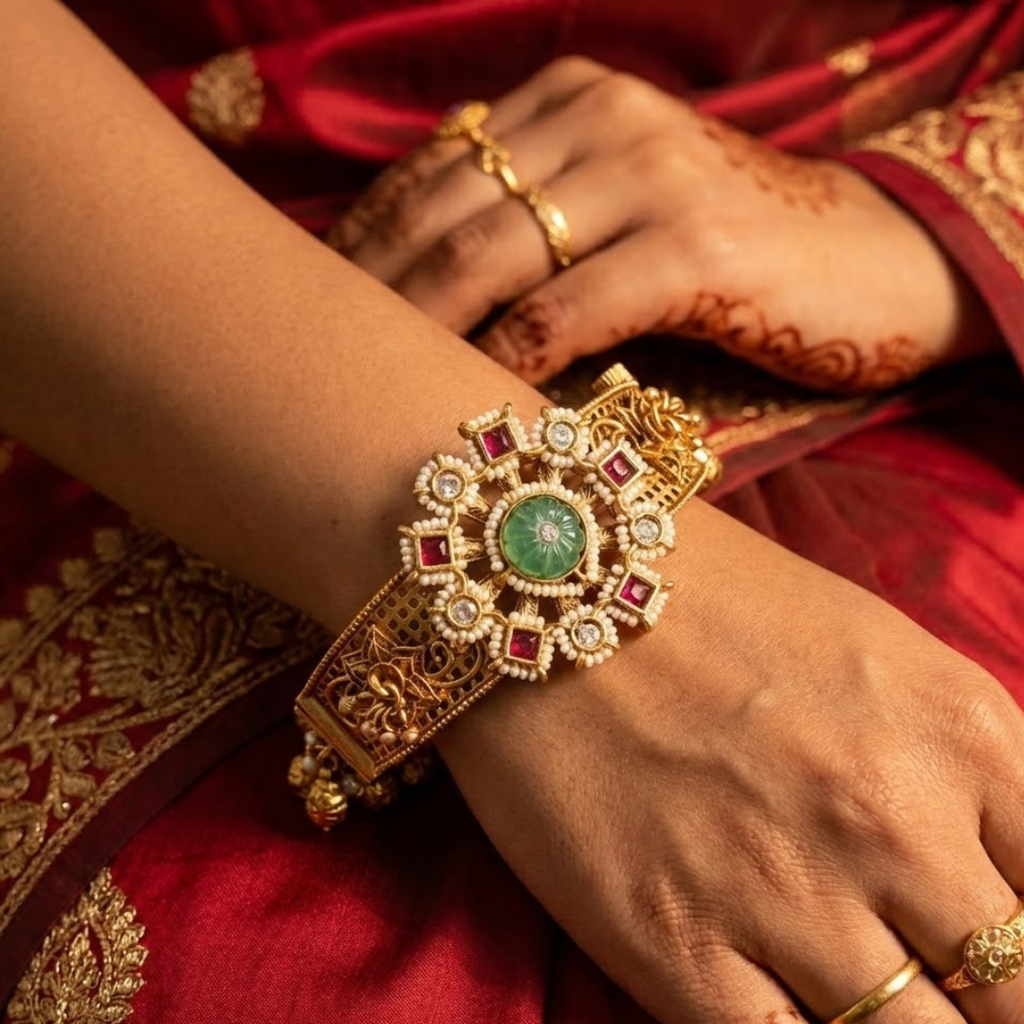 Antique Gold Handcrafted Bracelet Kada with Green Carved Stone & Pearls