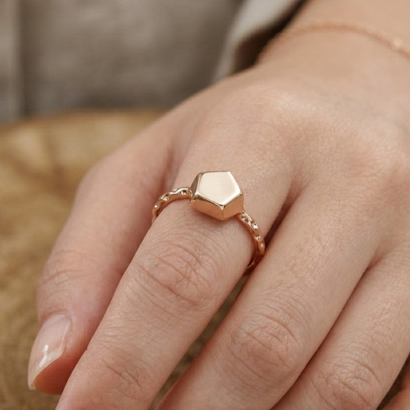 Geometric Hexagon Gold Open Adjustable Ring
