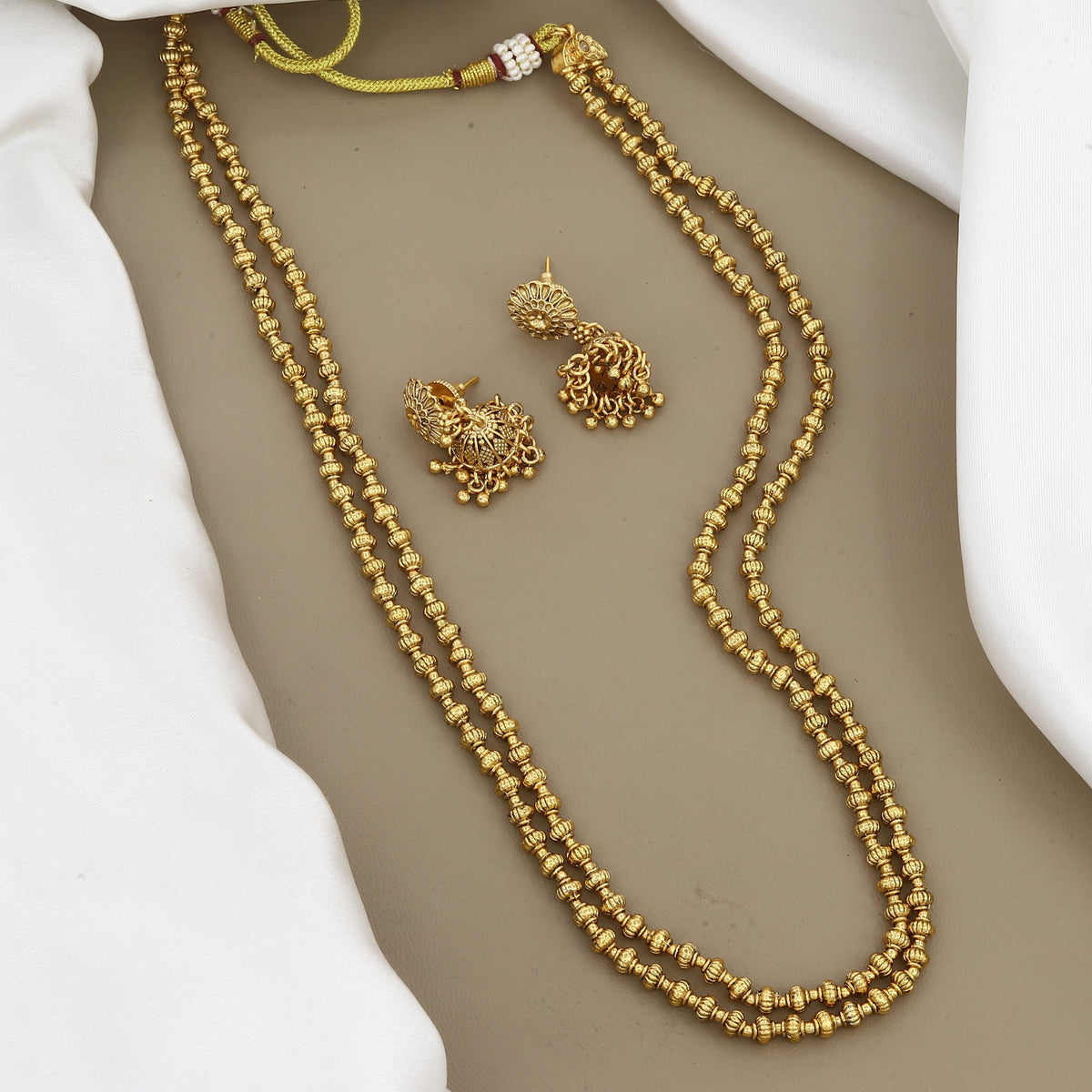 Multi-Strand Gold-Plated Beaded Long Mala Set with Jhumkas