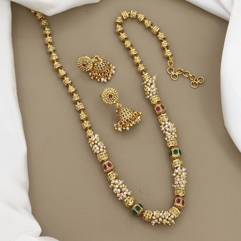 Traditional Gold-Plated Multicolored Stone & Pearl Long Mala Set
