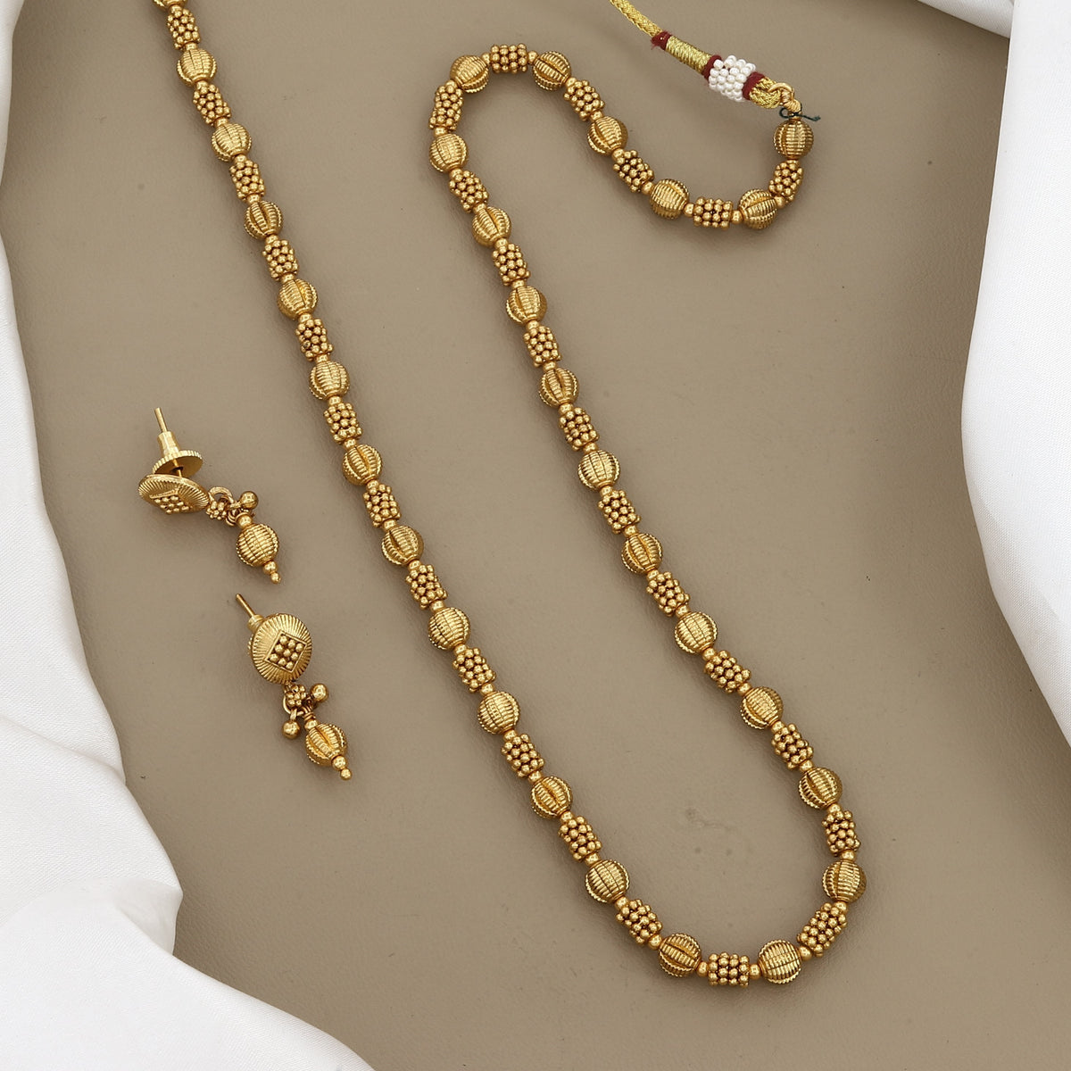 Classic Gold-Plated Beaded Long Mala Set with Earrings