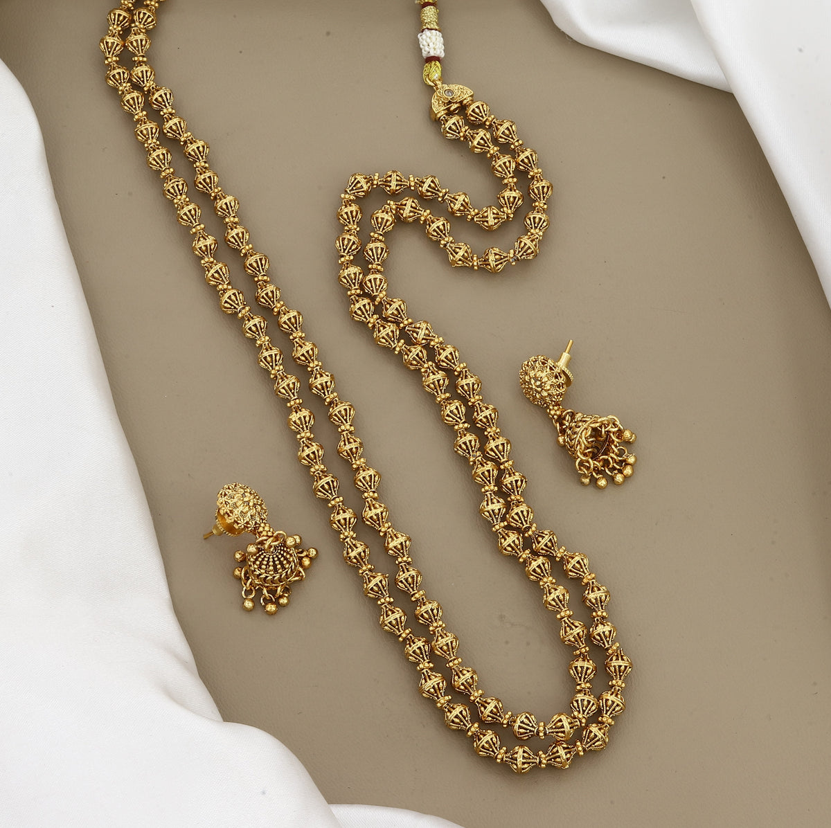 Traditional Gold-Plated Beaded Long Mala Set with Jhumkas