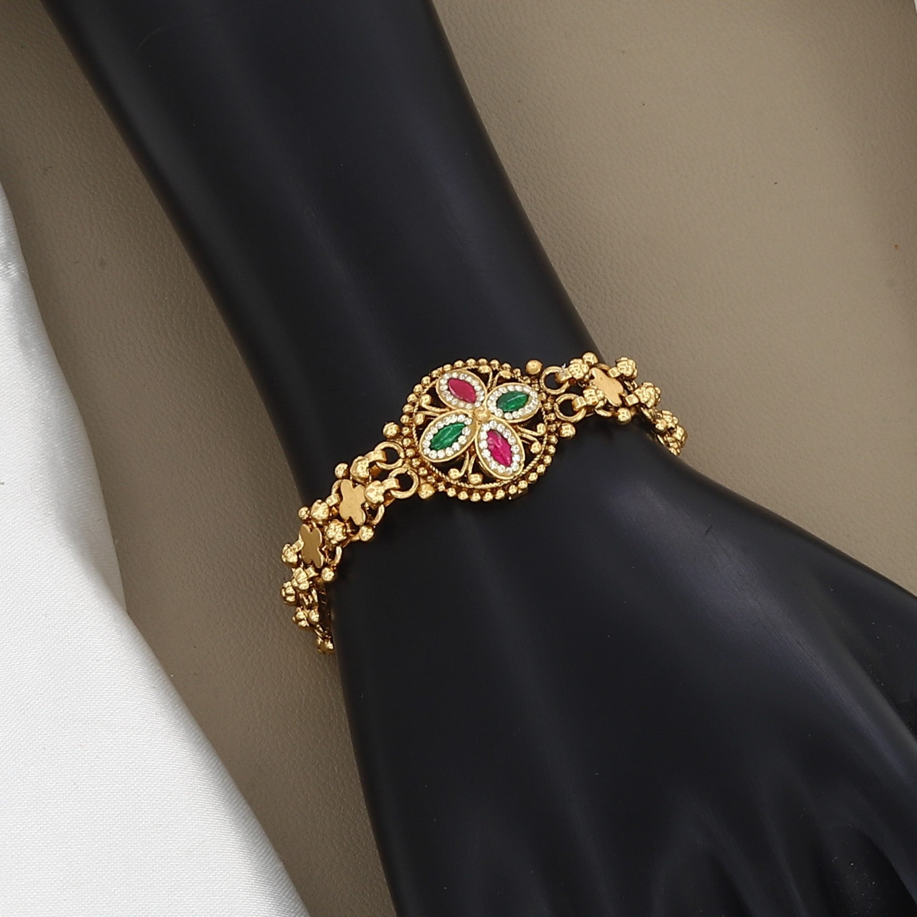 Antique Gold Floral Ruby & Emerald Bracelet
