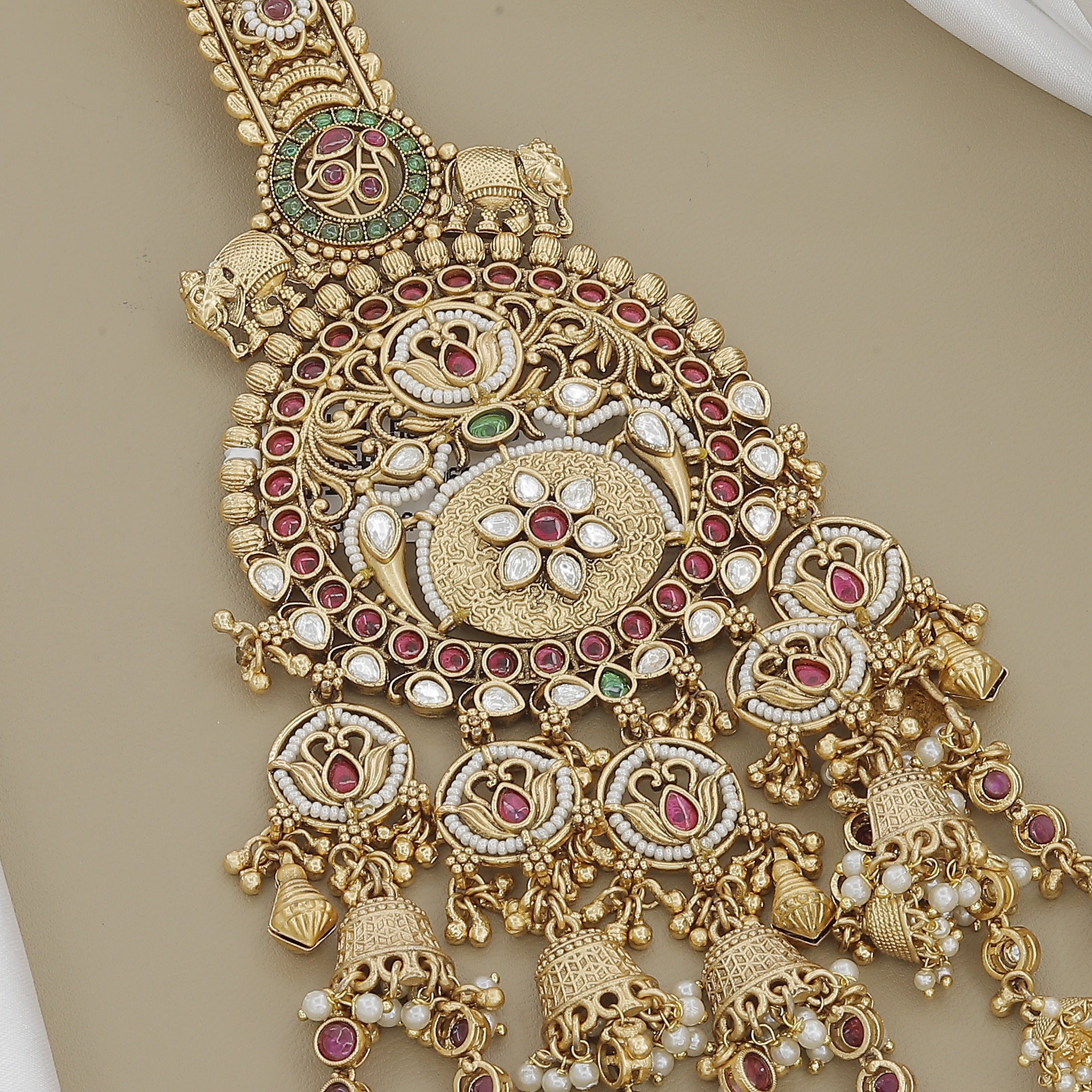 Regal Round Belly Juda with Temple Motif and Hanging Jhumkis