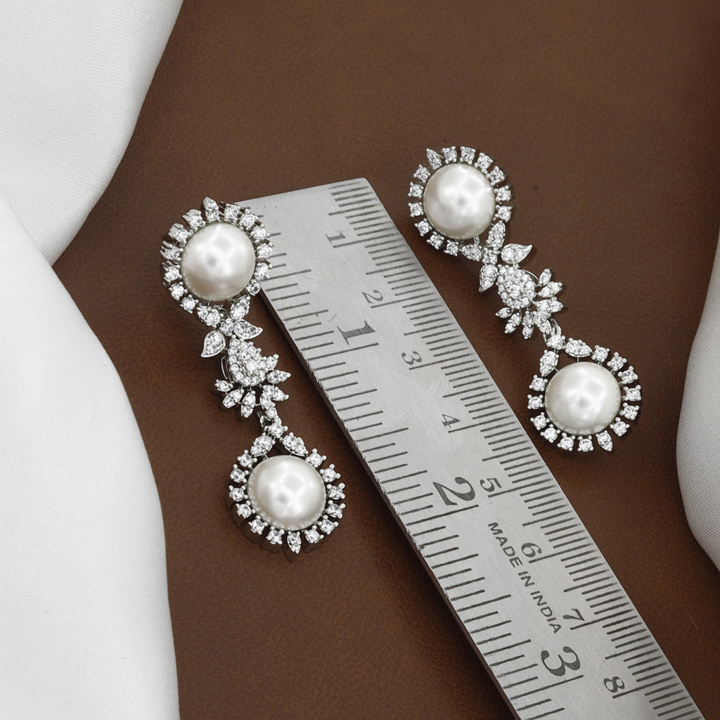 Elegant Pearl & CZ Drop Earrings in Silver Tone