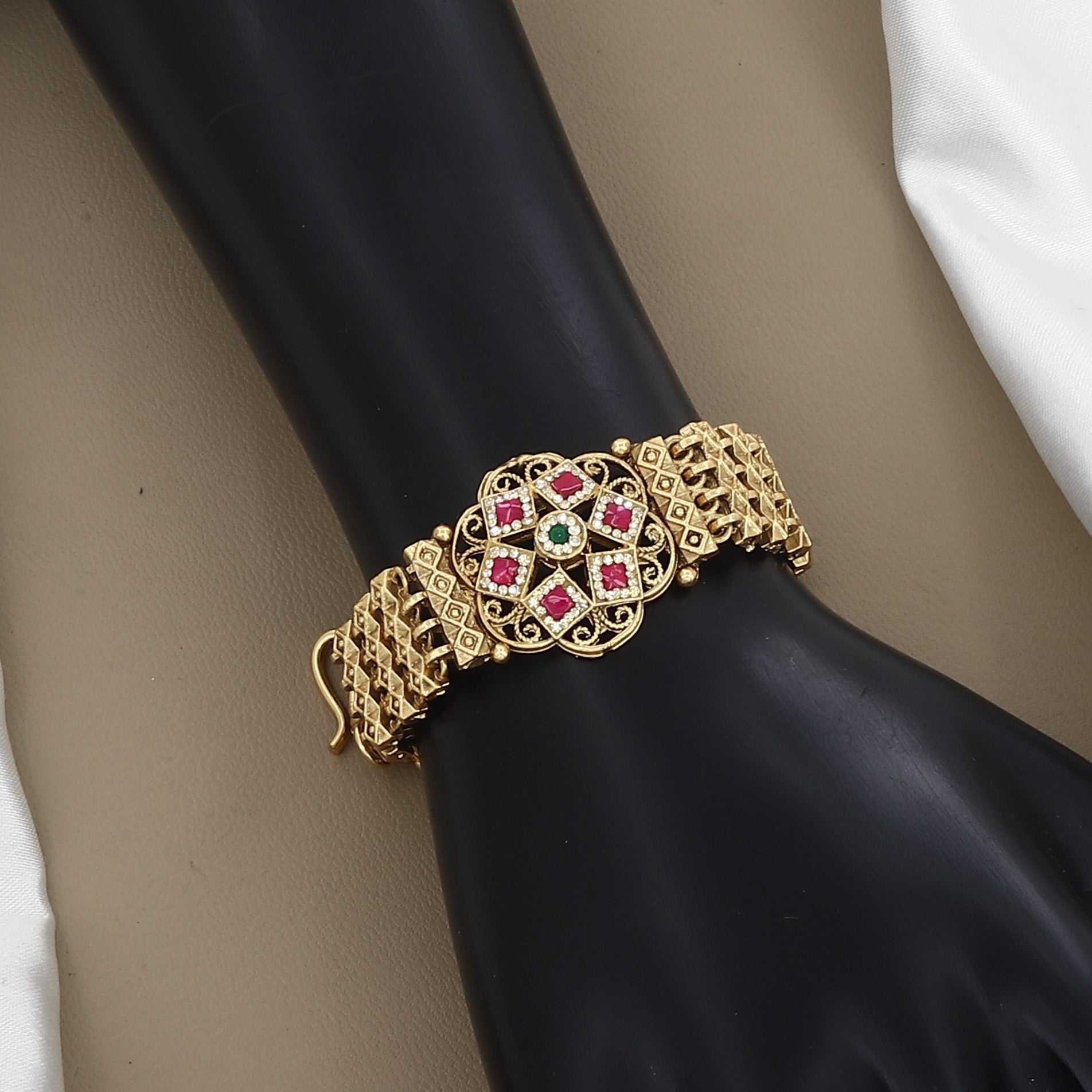 Antique Gold Broad Statement Bracelet with Ruby & Emerald Stones
