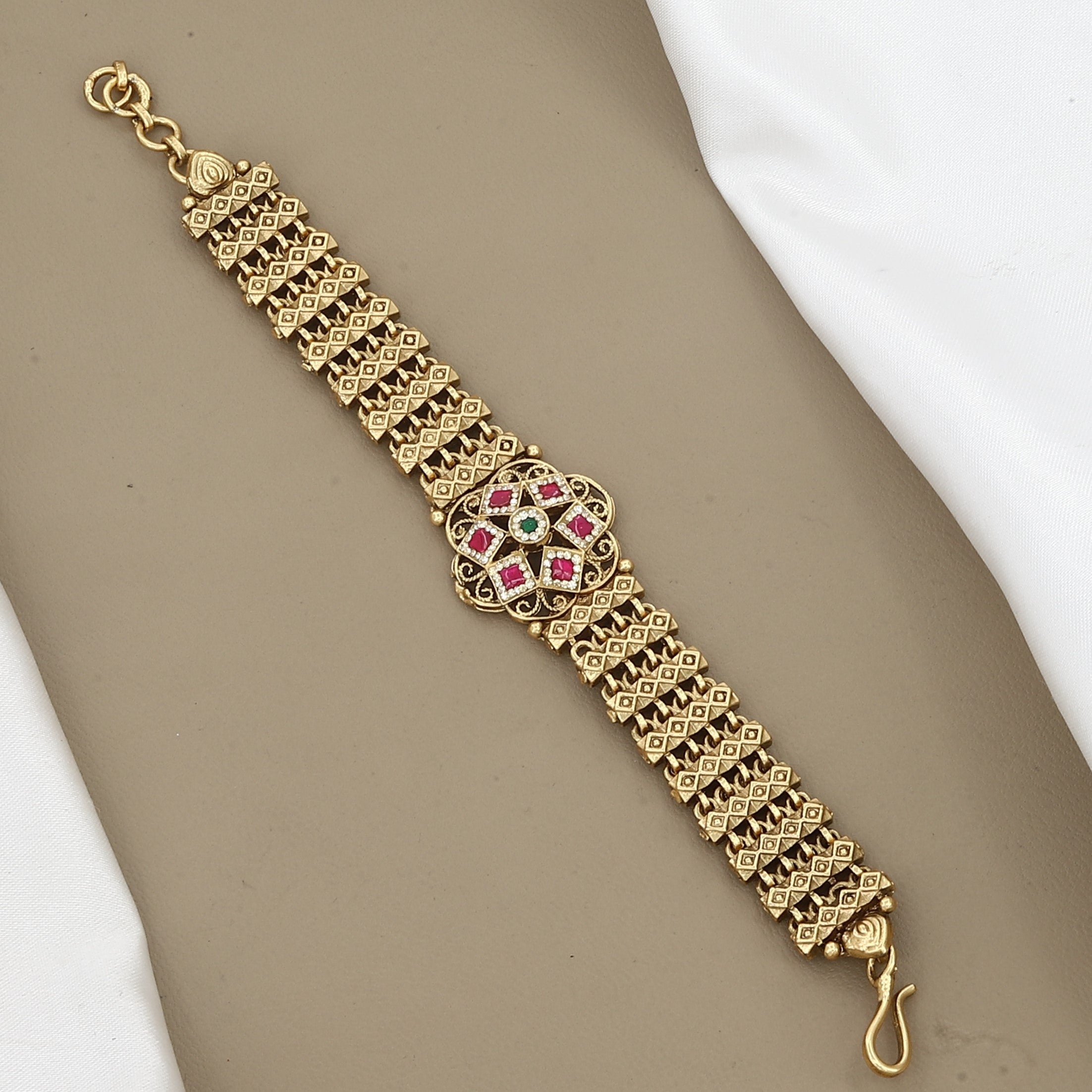 Antique Gold Broad Statement Bracelet with Ruby & Emerald Stones