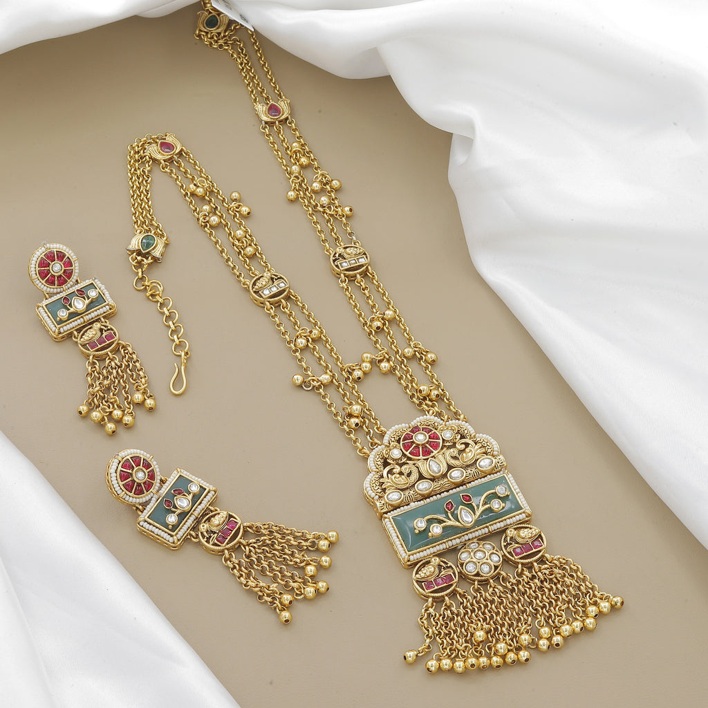 Rectangular Enamel Pendant Necklace with Kundan & Gold Chains