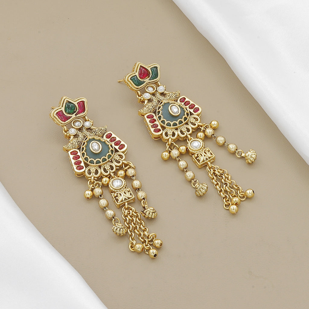 Gold-Plated Floral Necklace Set with Green Onyx & Pearls