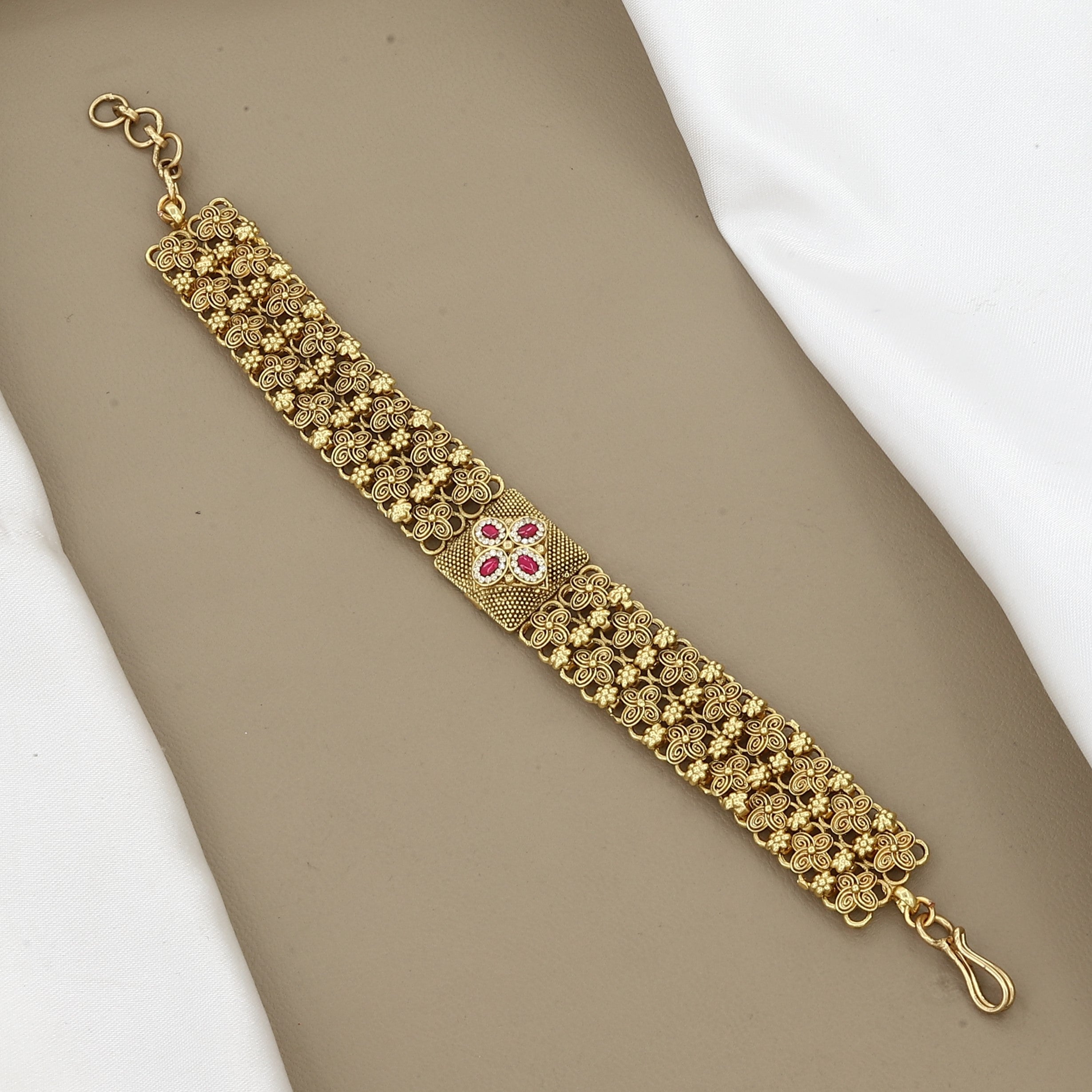 Antique Gold Floral Mesh Ruby Bracelet
