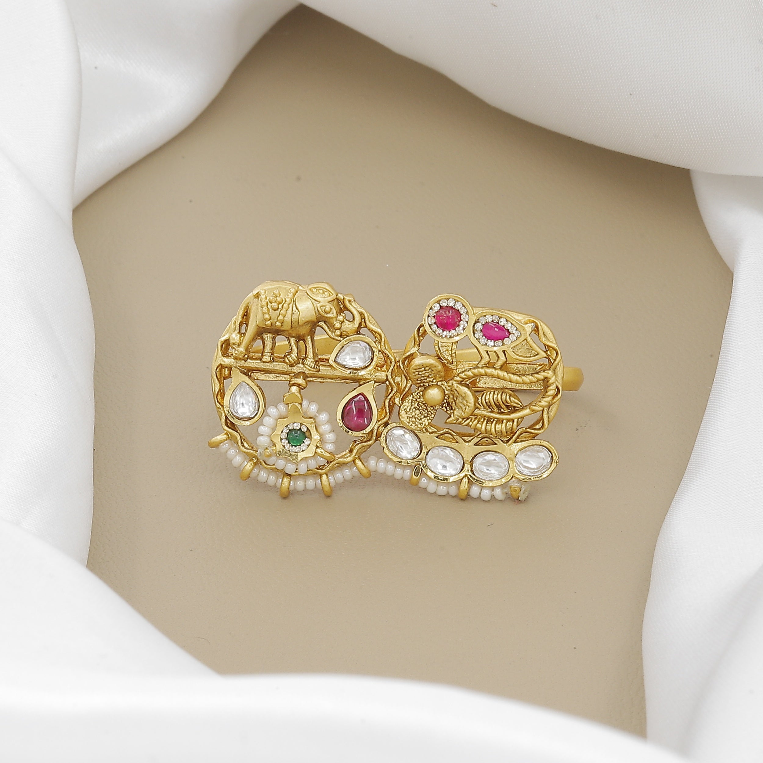 Antique Elephant Double Finger Ring with Polki & Gemstones