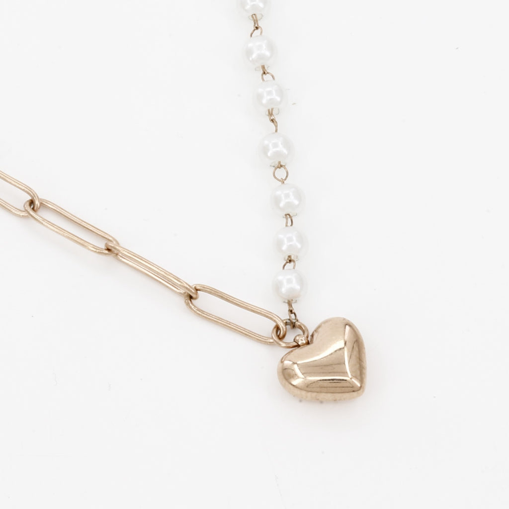 Heart Charm Asymmetrical Pearl & Gold Link Necklace