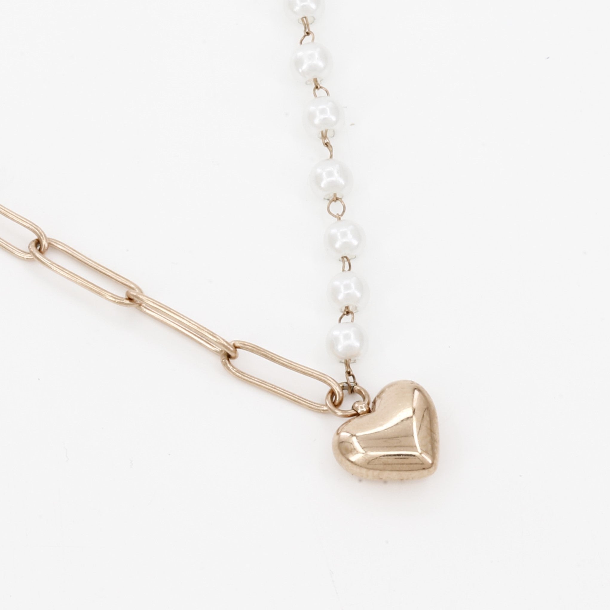 Heart Charm Asymmetrical Pearl & Gold Link Necklace