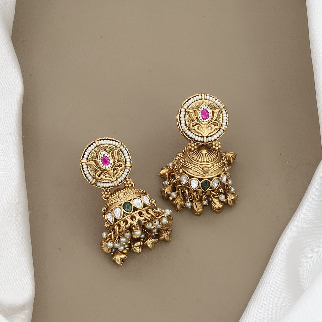 Traditional Gold & Pearl Kundan Necklace and Jhumka Set with Ruby Accents