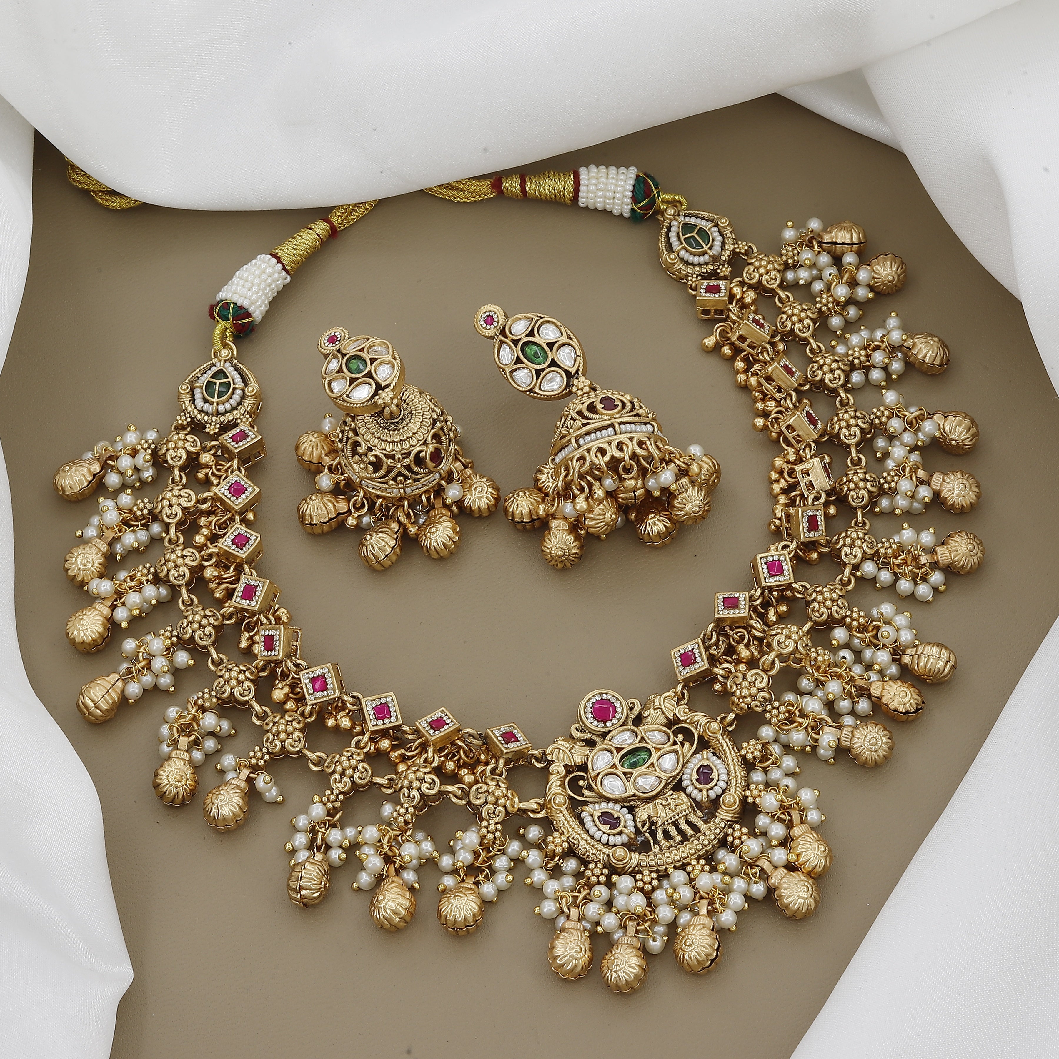 Traditional South Indian Gold Plated Necklace Set with Jhumka Earrings