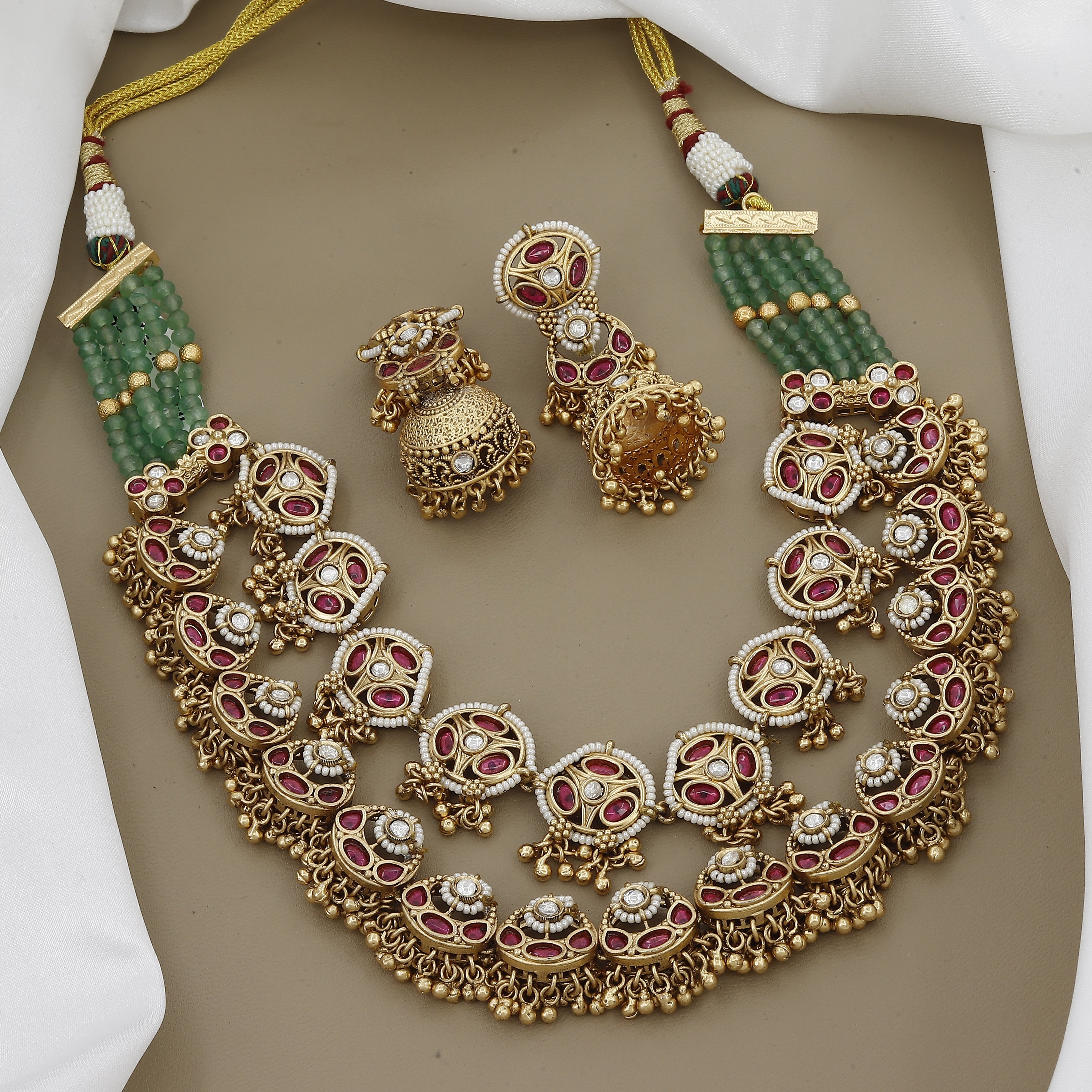 Luxurious Tiered Ruby & Kundan Necklace Set with Green Beaded Chain