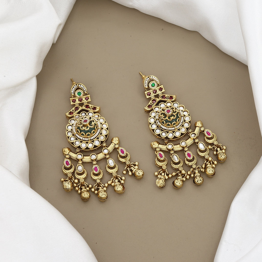 Traditional Gold-Plated Long Necklace Set with Large Pendant and Dangler Earrings