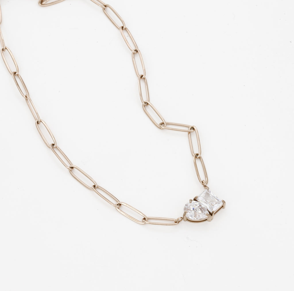 Elegant Gold Paperclip Necklace with Double Crystal Pendant