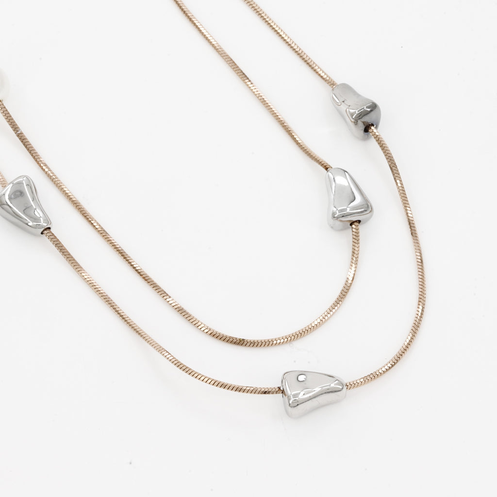 Layered Gold Snake Chain Necklace with Pearl & Silver Pebbles