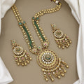 Traditional Gold-Plated Long Necklace Set with Large Pendant and Dangler Earrings