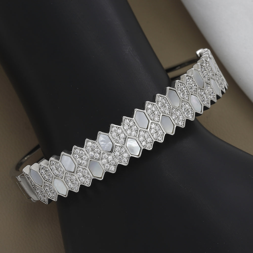 Mother of Pearl & CZ Pave Hexagon Cuff Diamond Bangle Kada