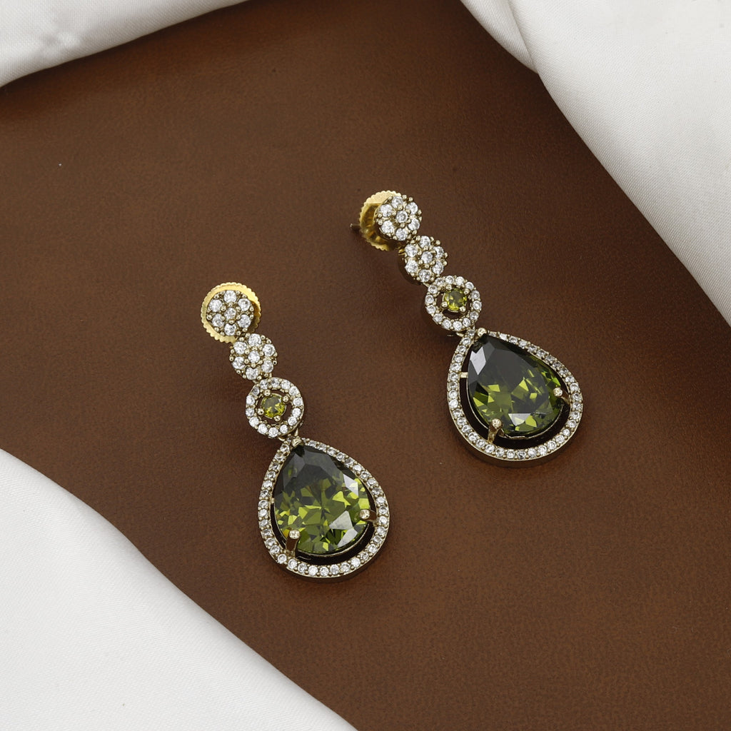 Mehndi Polished CZ Floral Necklace Set with Green Drop Stones