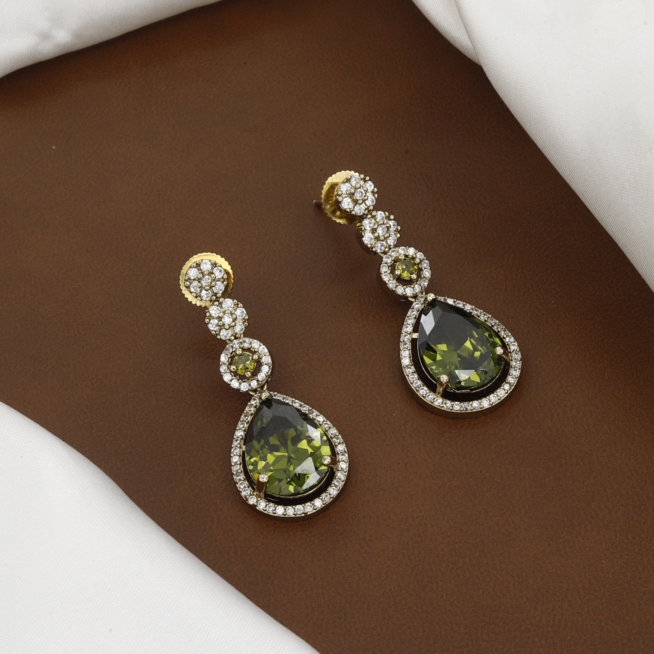 Mehndi Polished CZ Floral Necklace Set with Green Drop Stones
