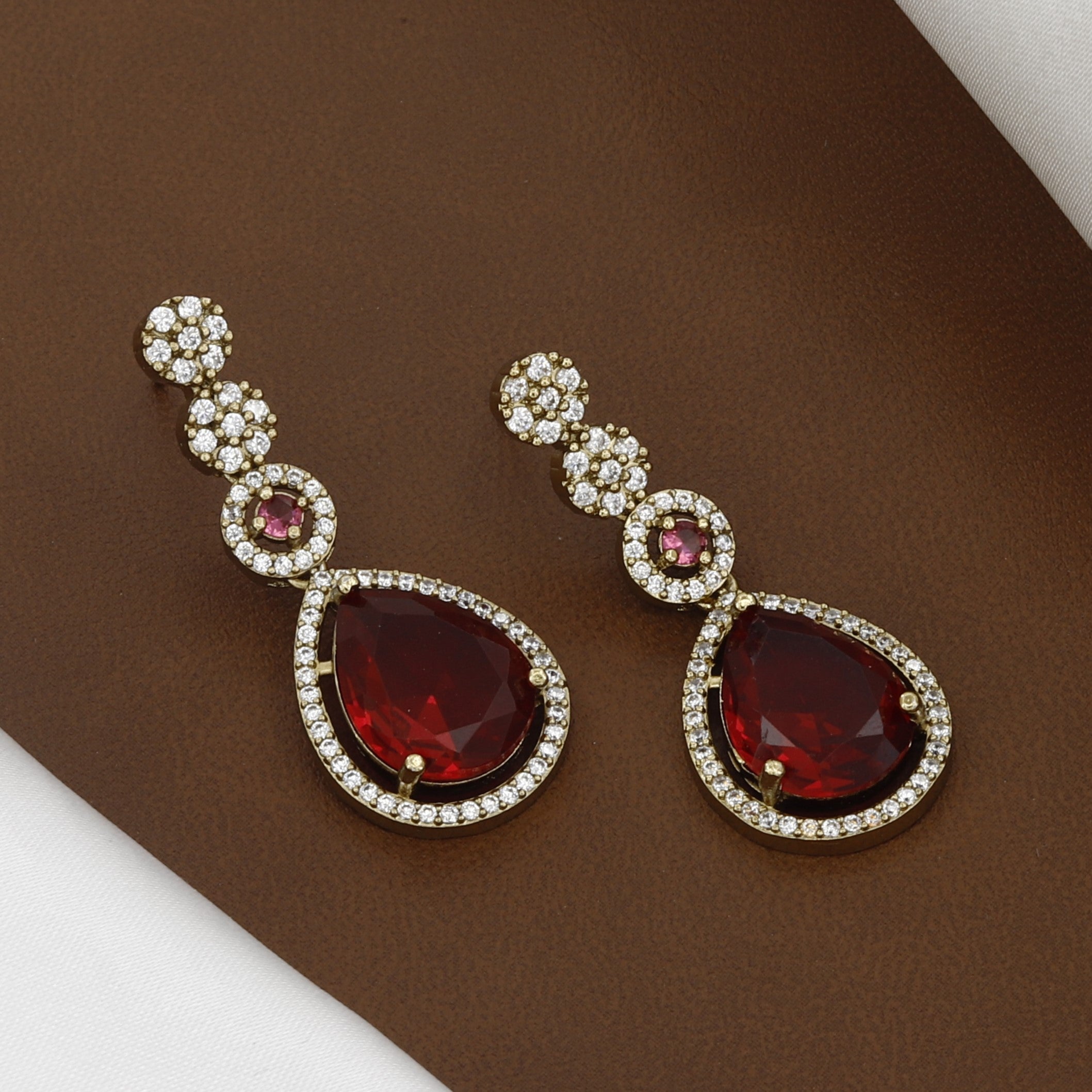 Mehndi Polished CZ Floral Necklace Set with Green Drop Stones