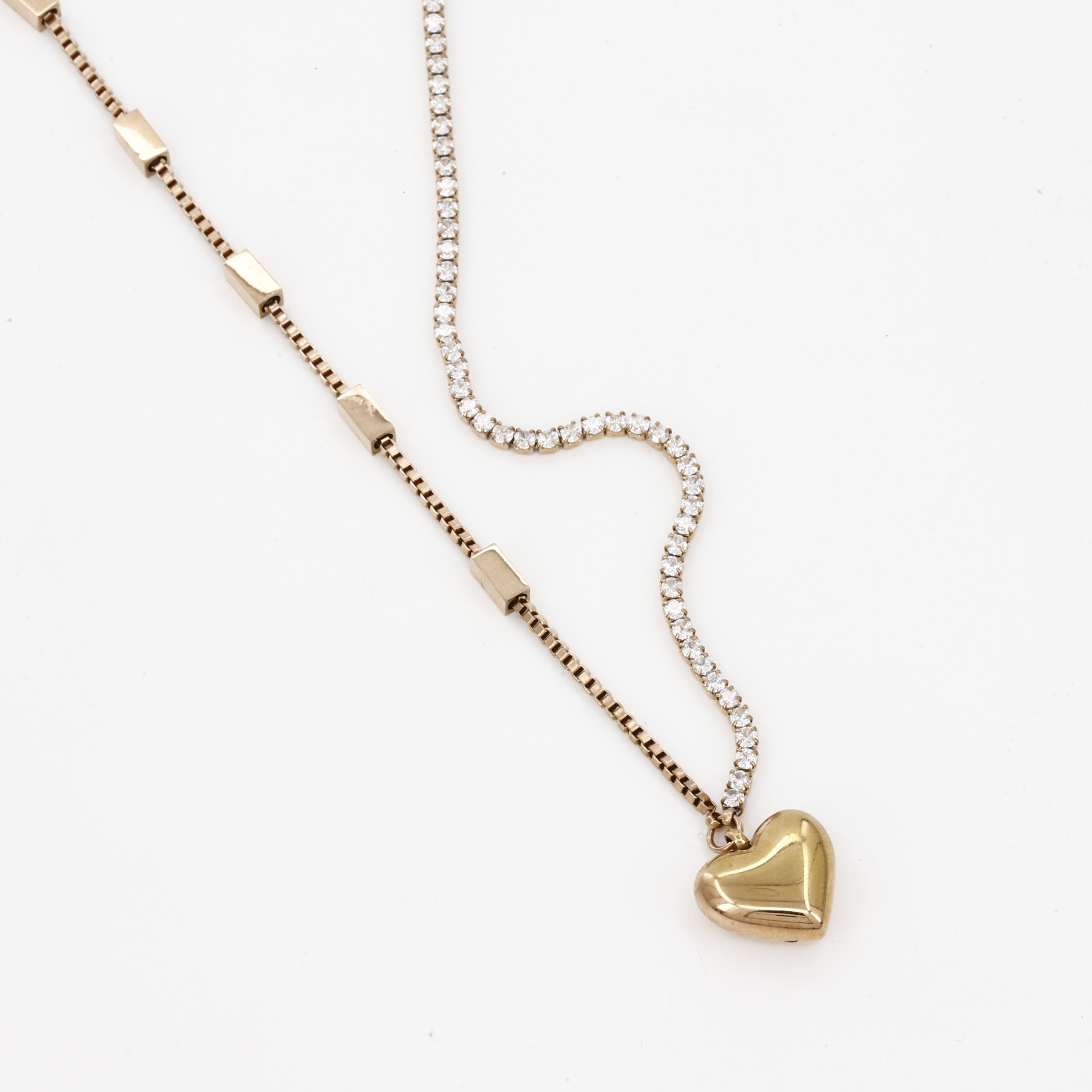Half Tennis Chain Gold Puffy Heart Pendant Necklace
