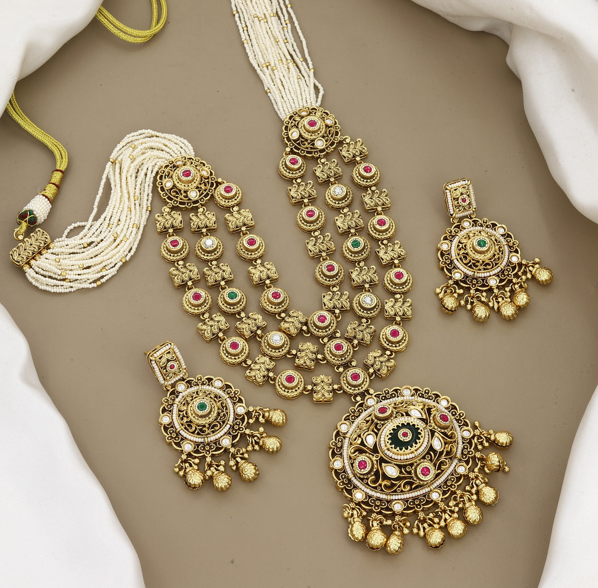 Traditional Gold-Plated Seed Pearl Long Necklace Set