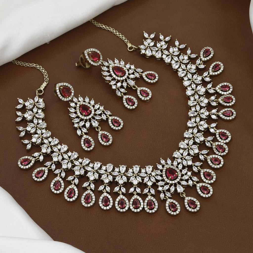 Mehndi Polished Elegant American Diamond Floral Necklace Set