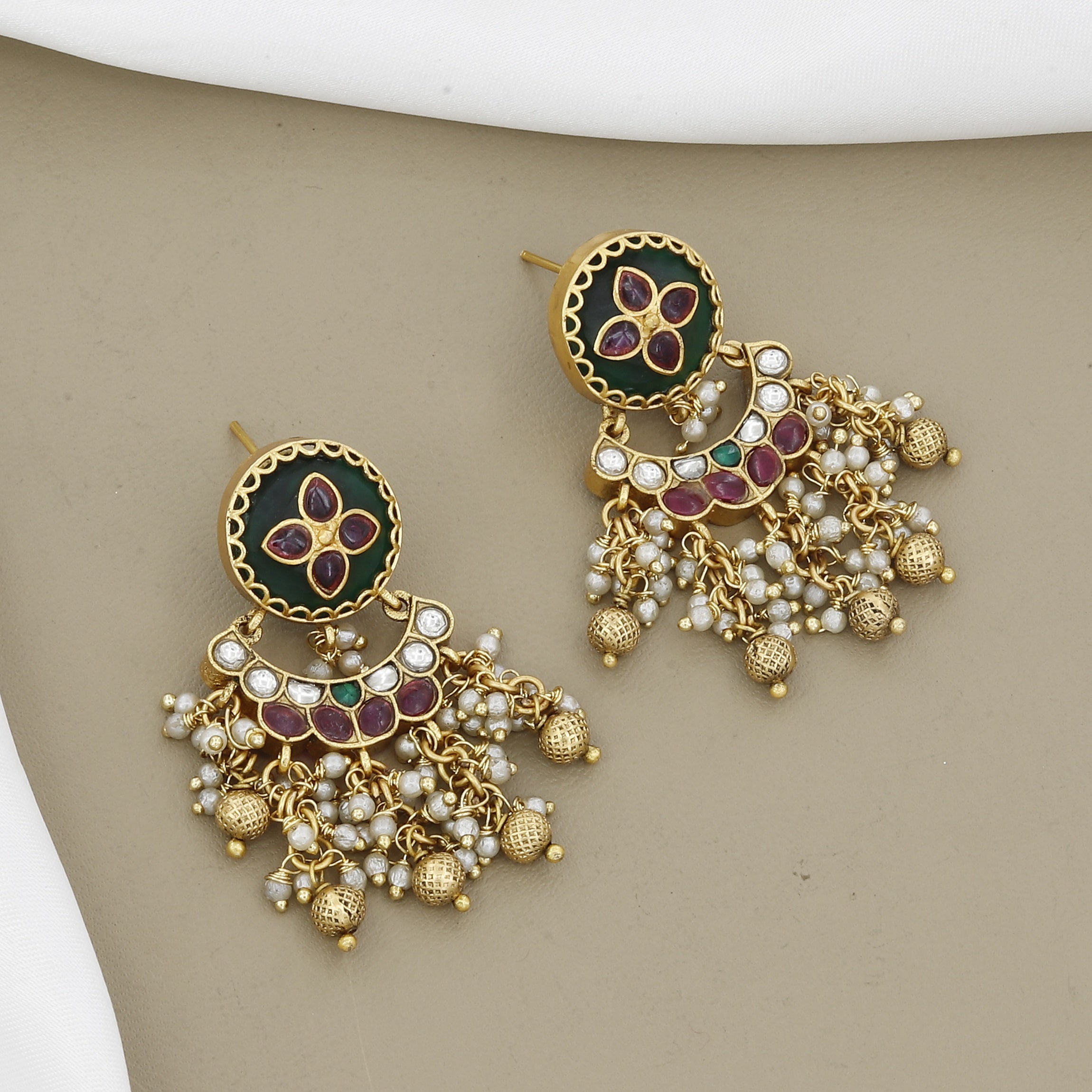 Antique Gold Floral Necklace Set with Pearl Clusters & Multi-Color Stones