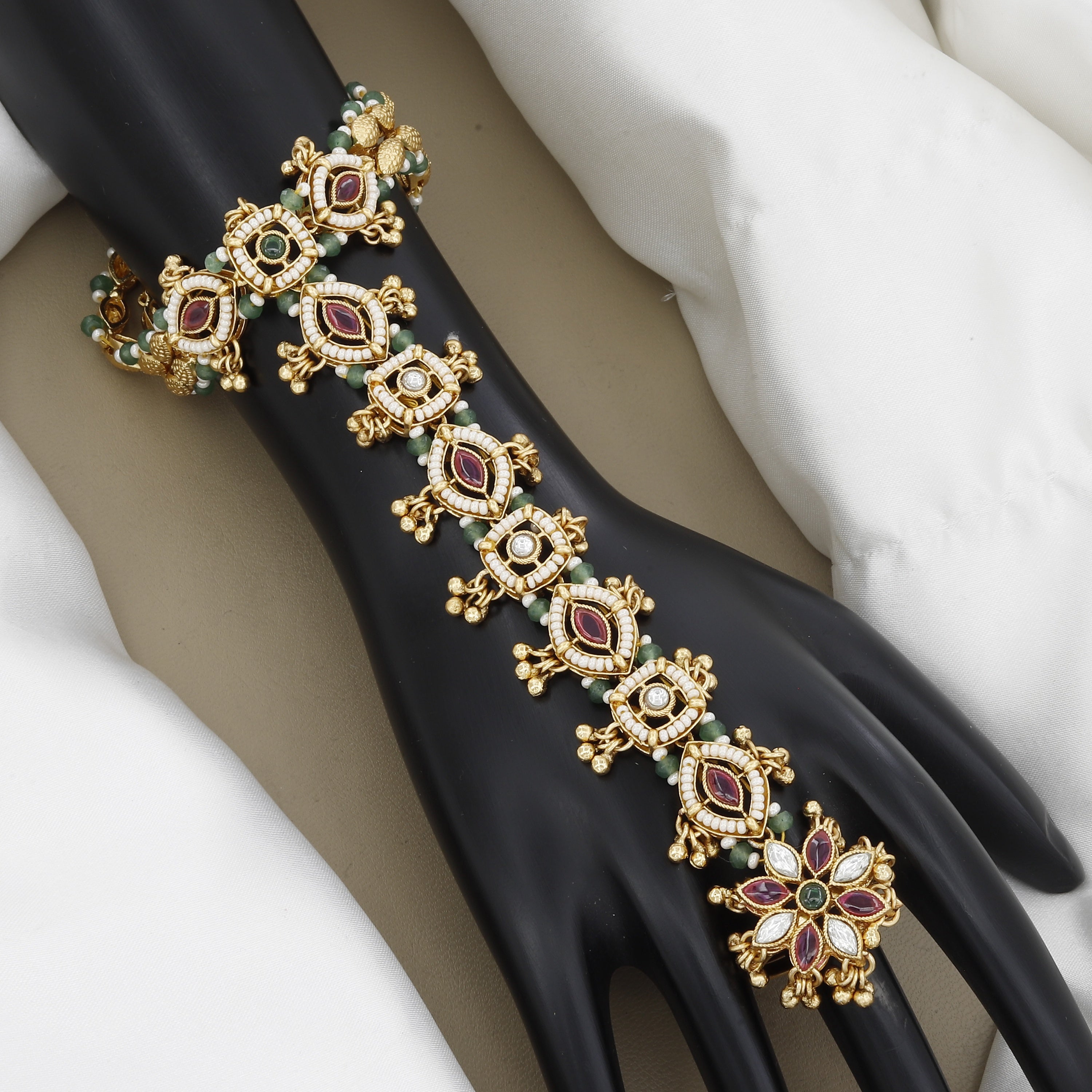 Ruby, Emerald & Pearl Hand Harness Antique Hath Panja