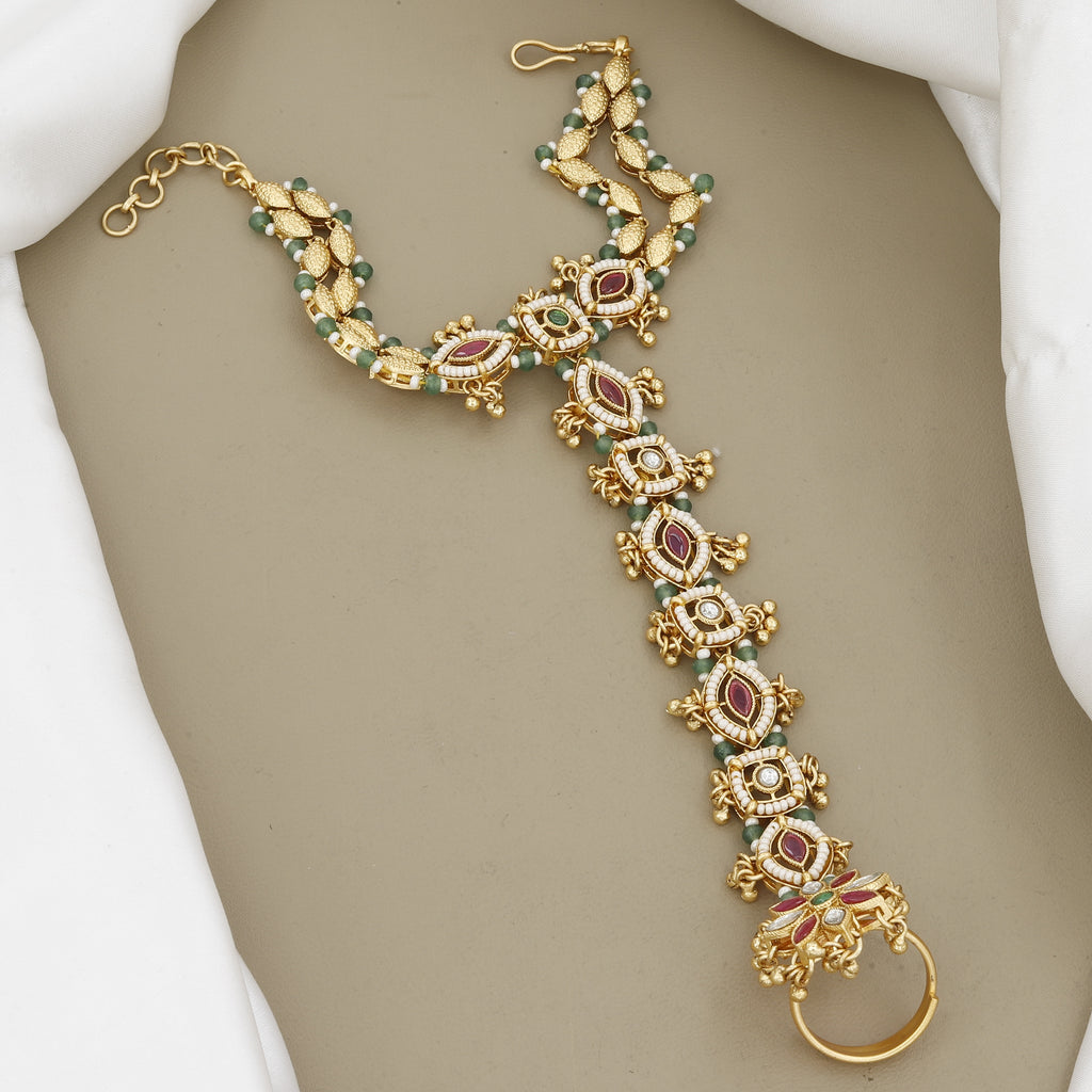 Ruby, Emerald & Pearl Hand Harness Antique Hath Panja
