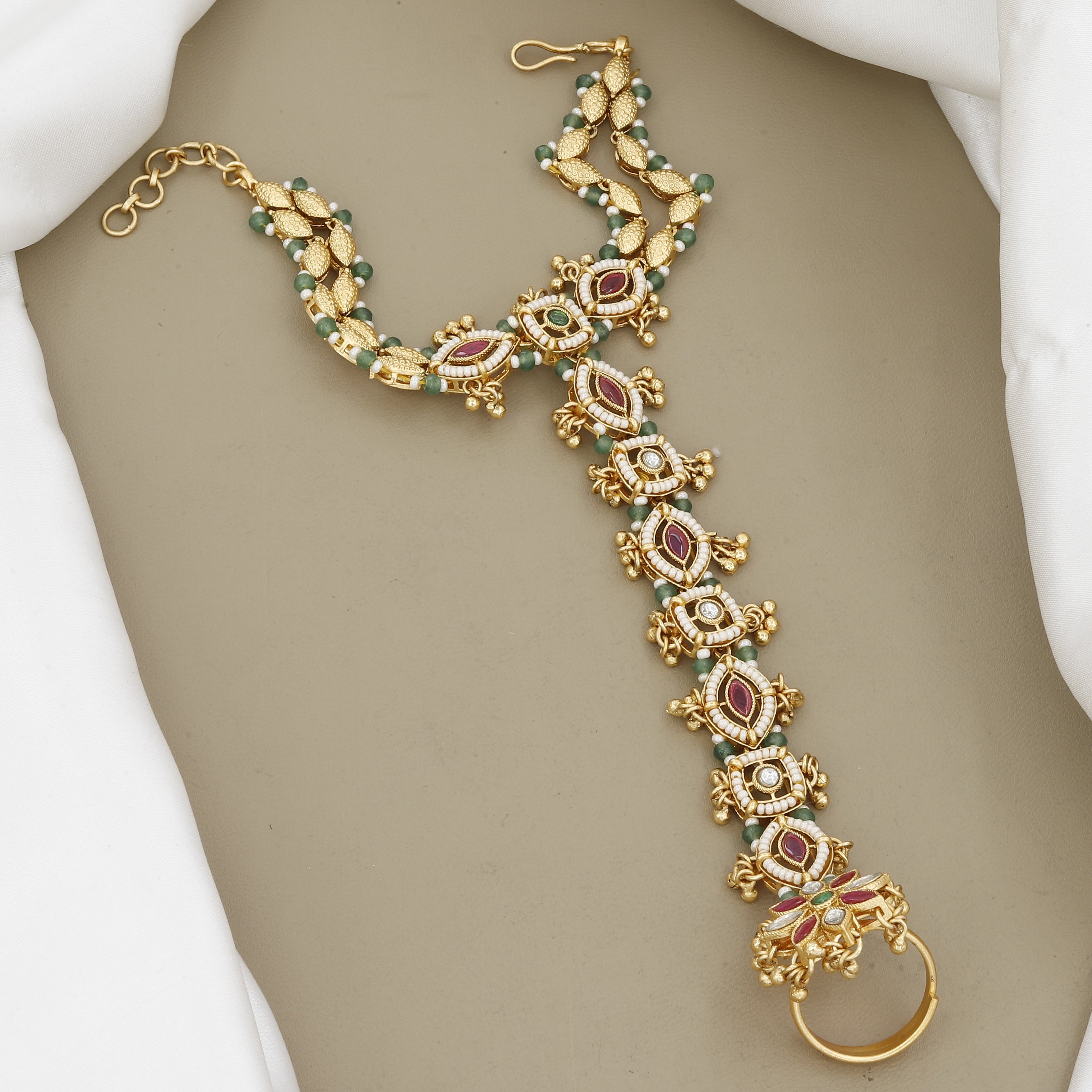Ruby, Emerald & Pearl Hand Harness Antique Hath Panja