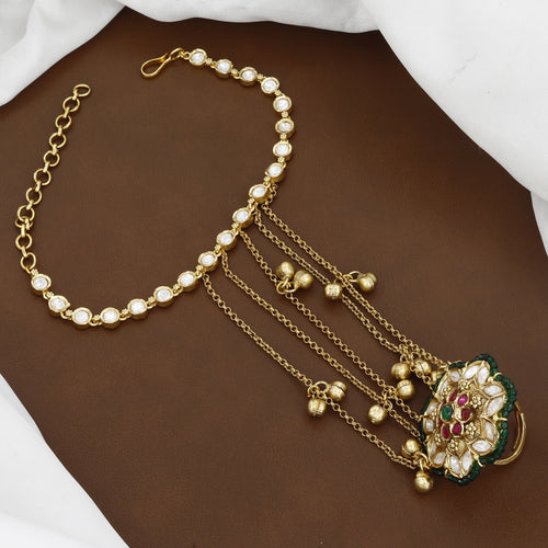 Antique Gold-Plated Kundan Hathphool with Floral Medallion and Ghungroo Drops
