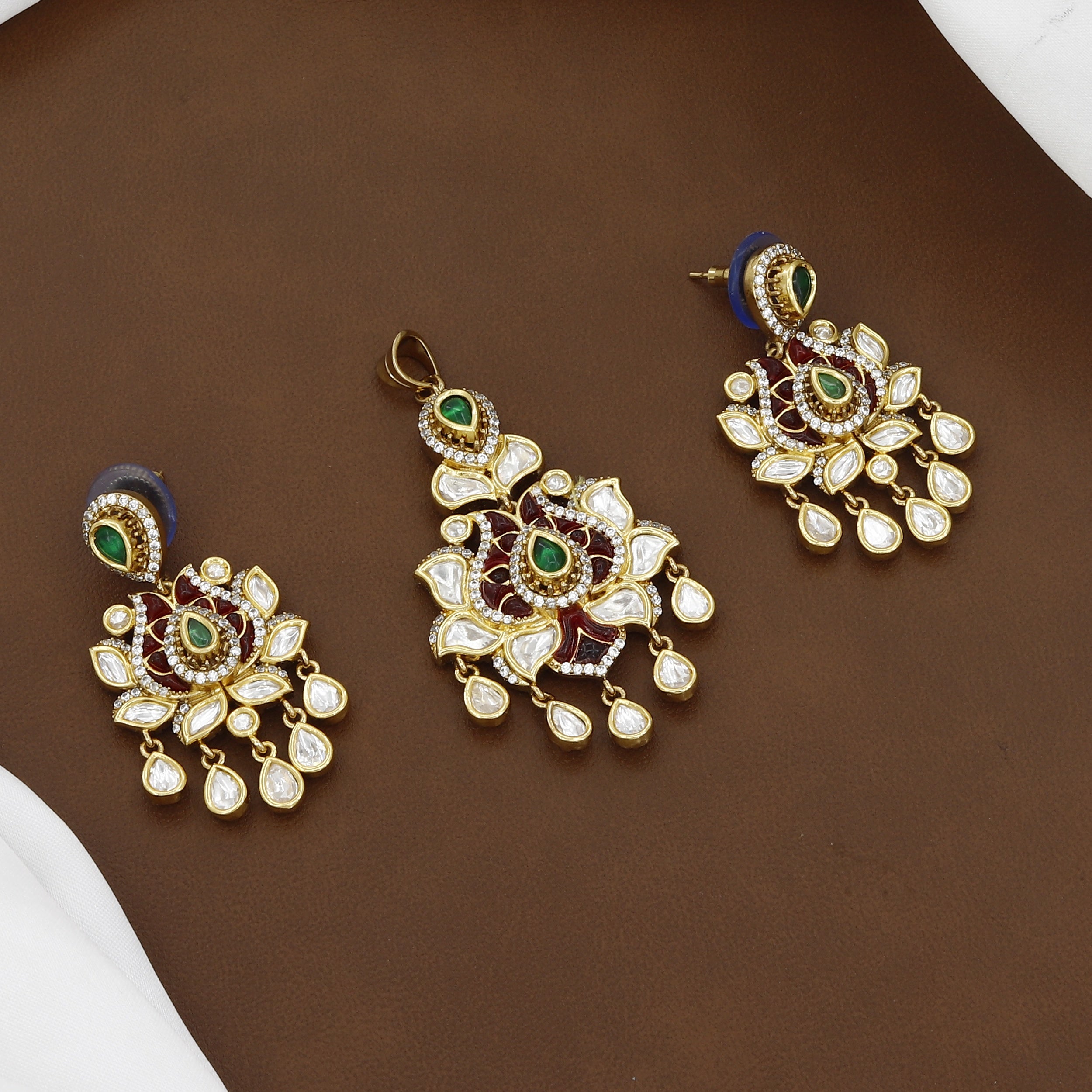 Traditional Floral Kundan Pendant & Earrings Set with Green Emerald Accents