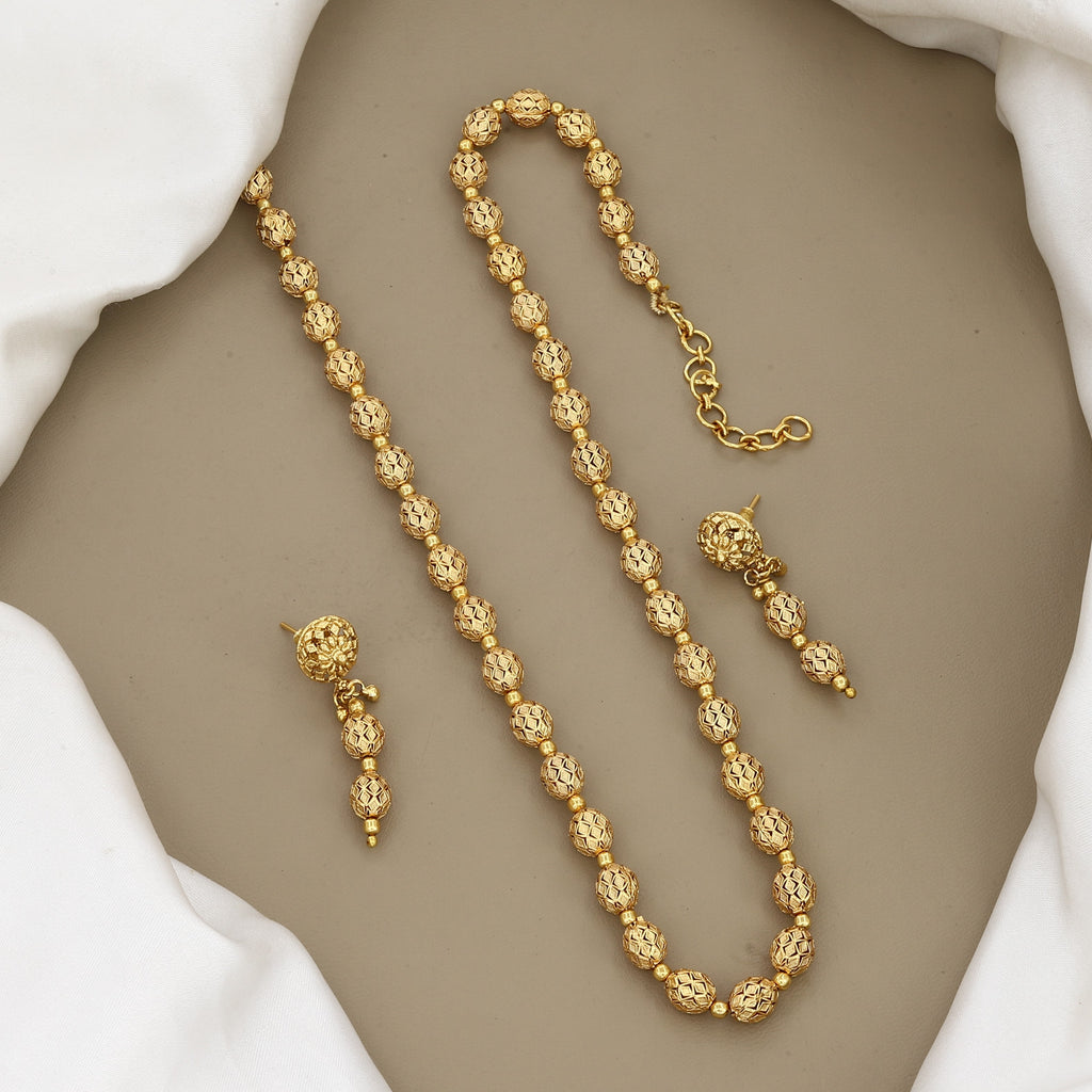 Traditional Gold-Plated Lattice Beaded Mala Set with Earrings