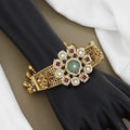 Antique Gold Handcrafted Bracelet Kada with Green Carved Stone & Pearls