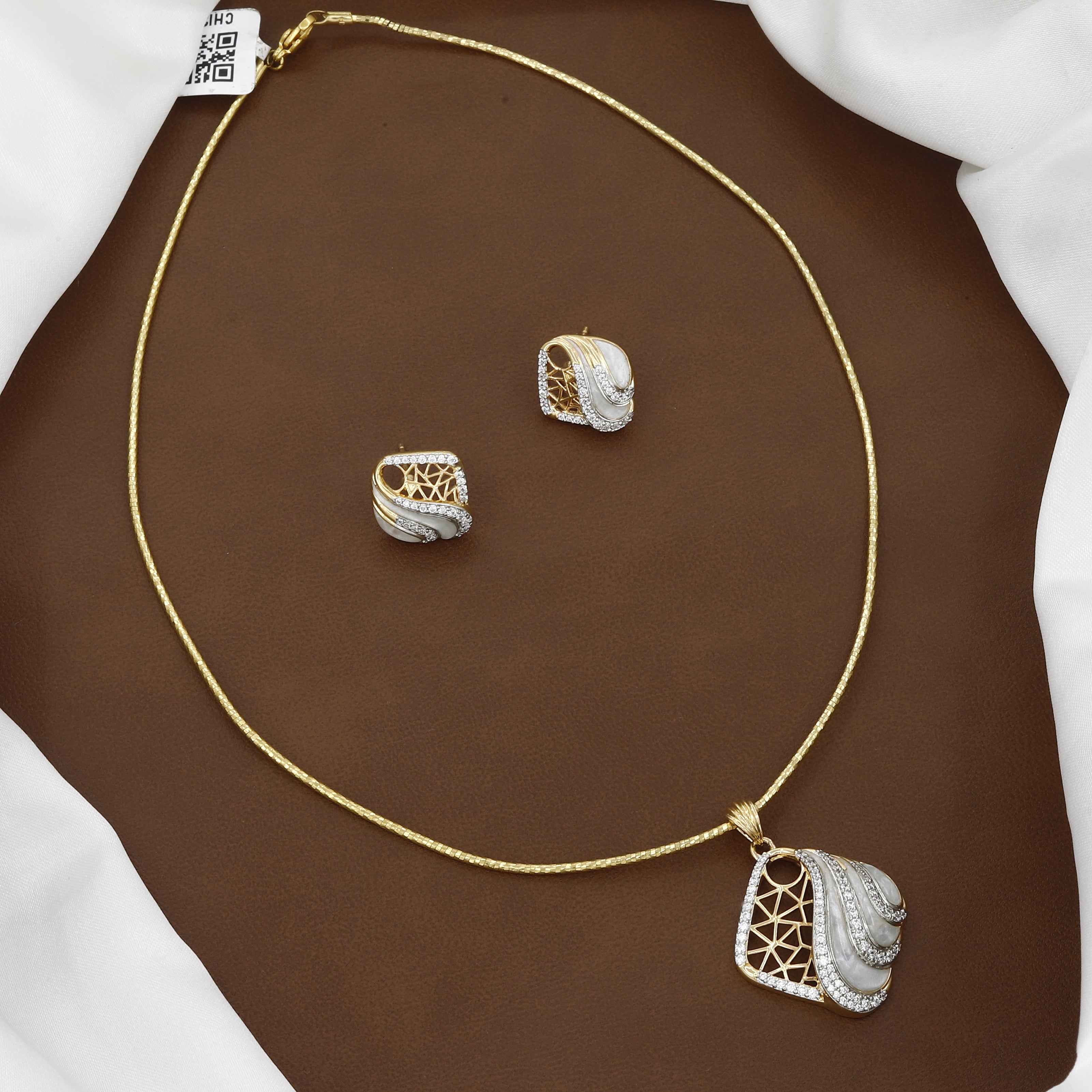 Contemporary Gold Geometric Pendant Set with White Inlay & Stones