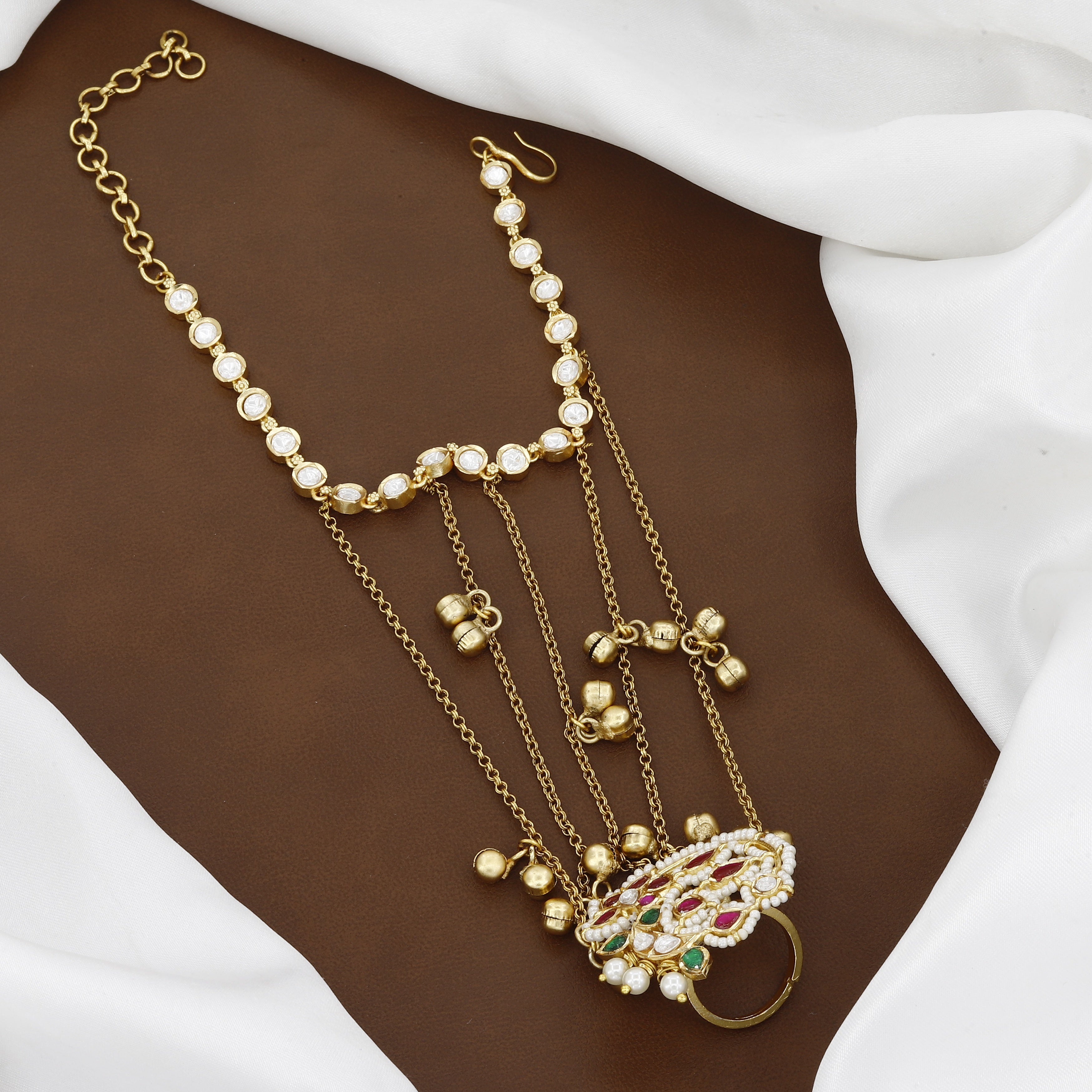 Traditional Gold-Plated Kundan Hathphool with Pearl Beading and Ghungroo Accents