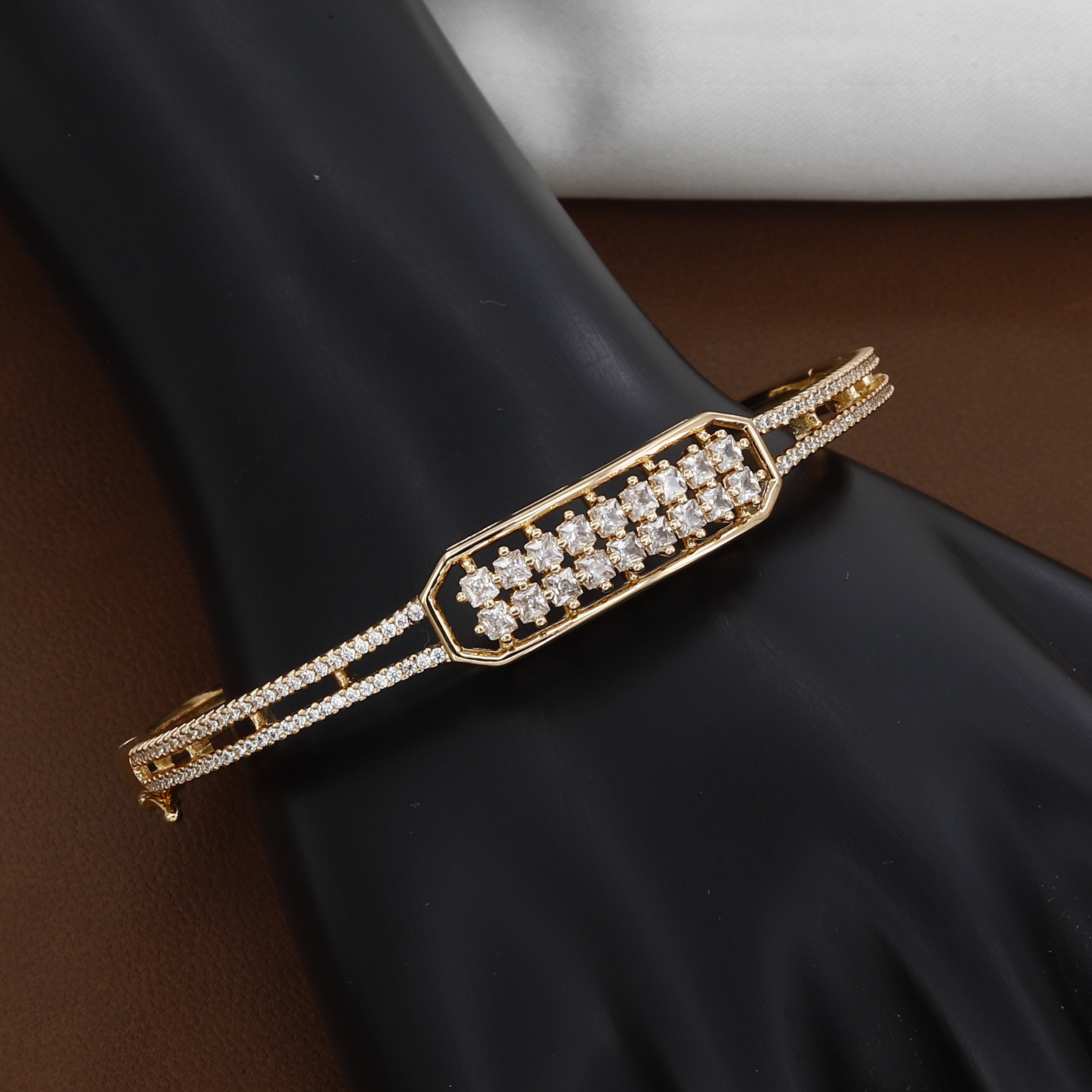 Gold-Tone Geometric Bangle with Square-Cut Crystals & Pave Band
