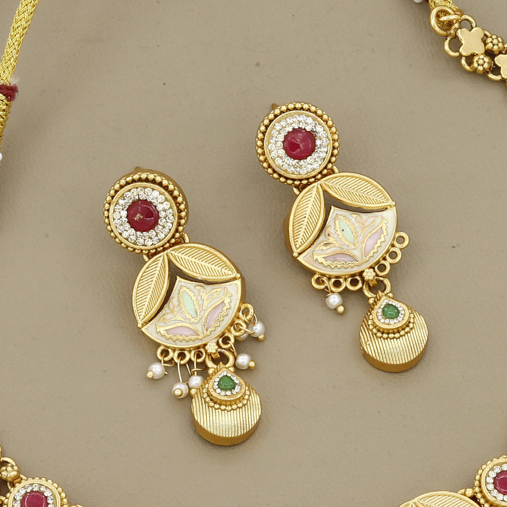 Gold-Plated Meenakari Necklace Set with Pastel Enamel & Pearl Droplets
