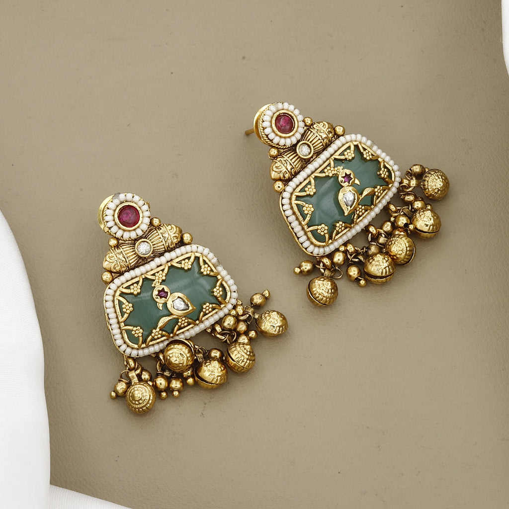 Antique Gold-Tone Kada Watch with Ruby Halo & Emerald-Green Cabochons
