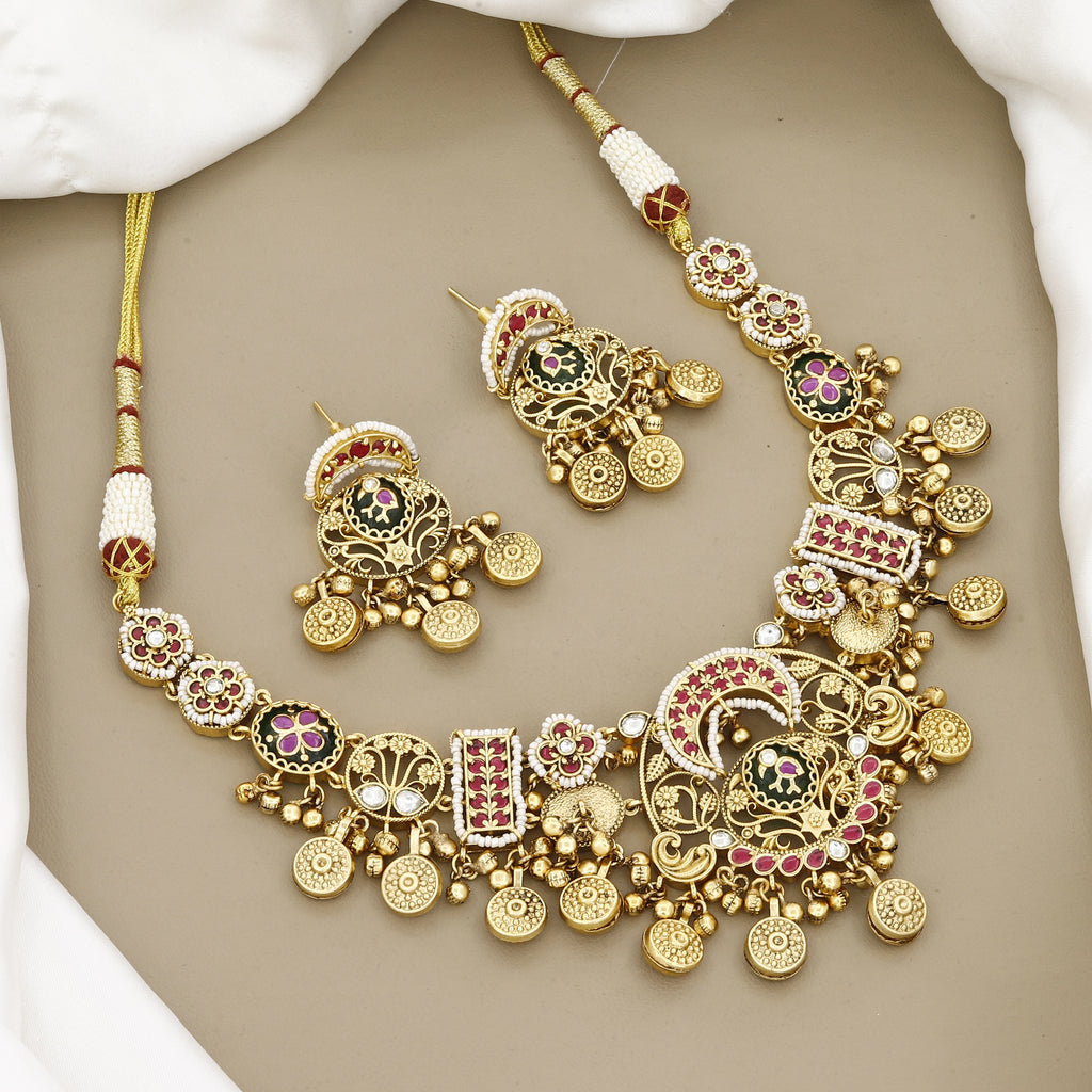Intricate Gold Filigree Choker Set with Crescent Moon & Coin Drops