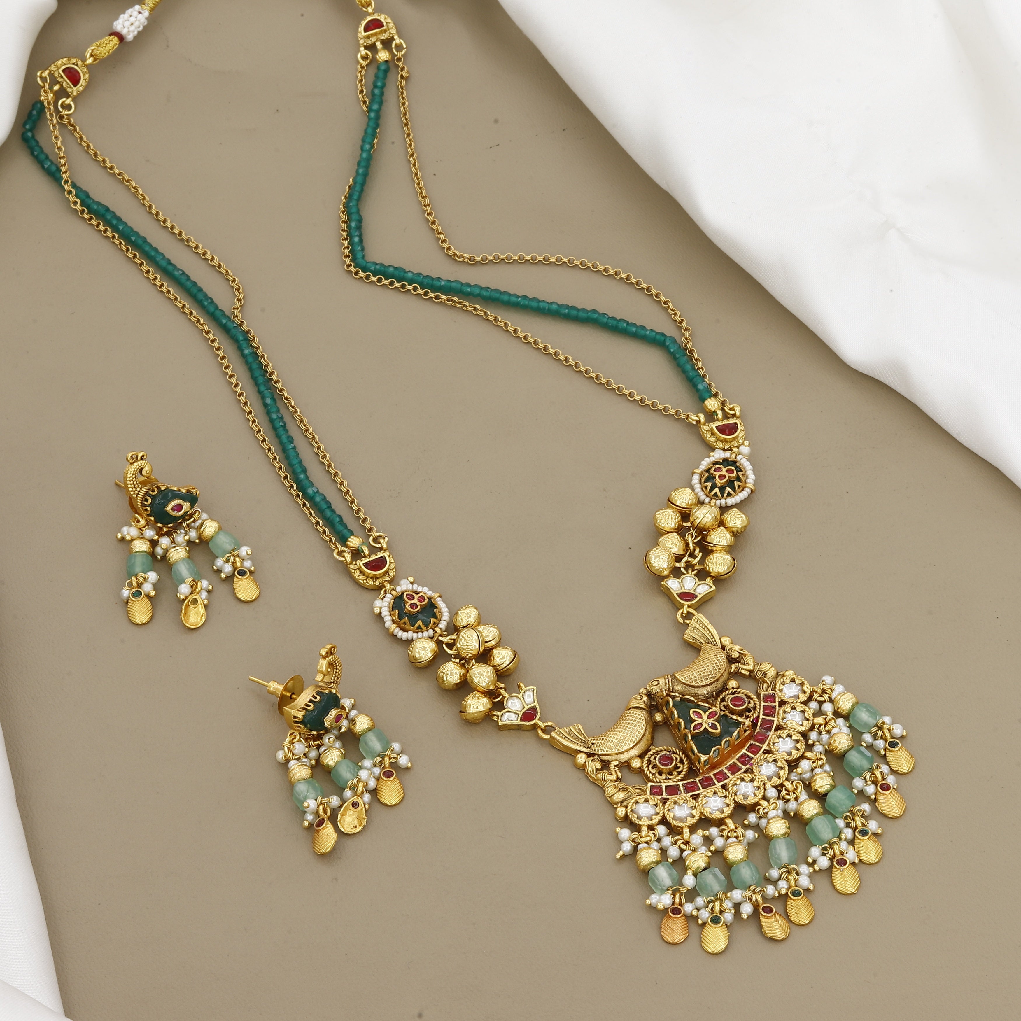 Antique Gold Peacock Necklace Set with Emerald Green Beads & Pearls