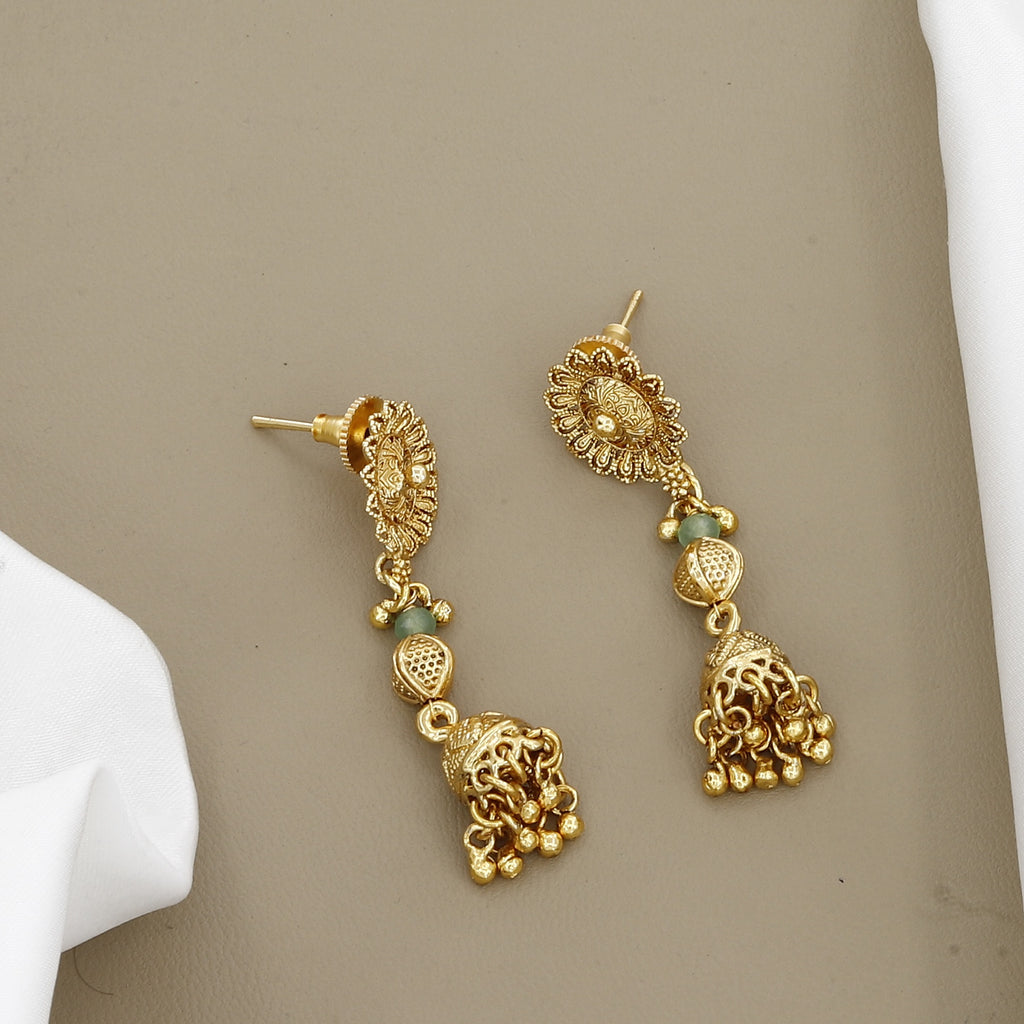 Antique Gold Layered Beaded Mala Set with Jhumkas